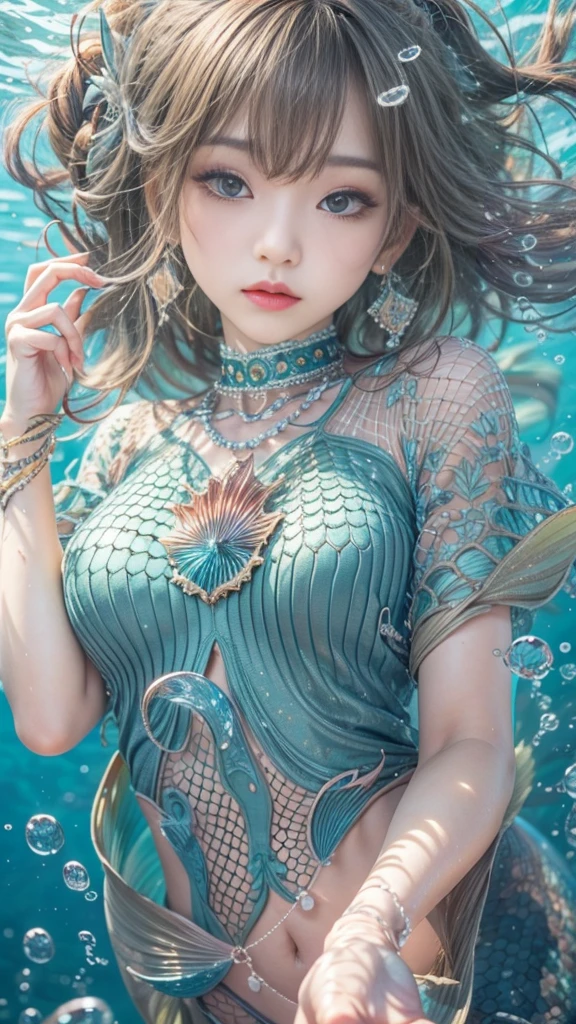 (RAW shooting, 32k, highest quality, masterpiece, Ultra-high resolution), (Under the sea at night:1.0, moonlight:0.7, Mysterious underwater world:1.2, Expressions of sadness:1.0), Fractal Art:1.2, Perfect dynamic composition:1.2, 非常にdetailedな肌と顔の質感:1.2, (Viewing the subject from a distance:1.2, Dynamic flow of water waves:1.0, mermaid figure:1.0, Mermaid tail), Buckshot, Fair skin, Incredibly slim body:1.2, Very beautiful face, Water droplets on the skin, detailed, Rain drips down on my body, Wet body, Wet Hair, Swimming Pro:1.0, Gorgeous silver shiny mermaid dress, Big eyes that exude beauty, Beautiful big lips, Very sweet atmosphere, necklace, Earrings, bracelet, Coral Reef