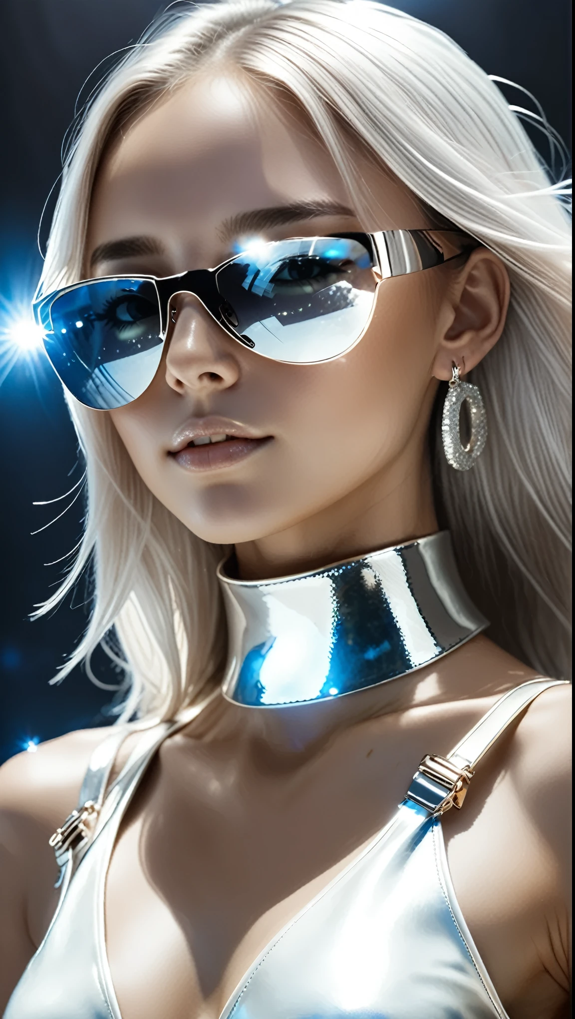 masterpiece, (hyper Detailed Best Quality:1.4), Realistic, Hi-fashion portrait, A dancer who expresses light and darkness, (1 girl, beautiful woman:1.2), (all body shot, fashion model:1.2), BREAK beautiful young, small head, BREAK Detailed all body, Detailed body line, Detailed chest and breasts line, Detailed buttocks, Detailed legs, (Perfect balance between left and right, large breasts, impossible clothes, large buttocks), (very slim waist:1.2), (beautiful Muscular legs, beautiful foot:1.2), White and beautiful Silky skin, small head, (wide angle:1.2), (all body shot from below:1.2), BREAK Detailed all body wear, (high-tech futuristic bodysuit:1.4), (white bodysuit with metallic accents:1.3), (high-cut leg openings:1.3), (layered over white short shorts:1.4), (silver metallic accessories:1.3), (chunky futuristic platform high-top sneakers:1.4), (silver visor sunglasses:1.3), (silver statement earrings:1.3), (stacked silver bracelets:1.2), (silver choker necklace:1.2), (futuristic silver belt with dangling charms:1.3), (white holographic backpack:1.3), (glowing LED accents:1.3), BREAK small head, Detailed face, cute and Pretty slim face, Duck mouth, perfect beautiful Tooth, arranged gray hair, shiny eyes, Light-colored eyes, Happy, looking viewer, BREAK (in a concrete, Realistic black Shadow, Realistic white lightning:1.2),