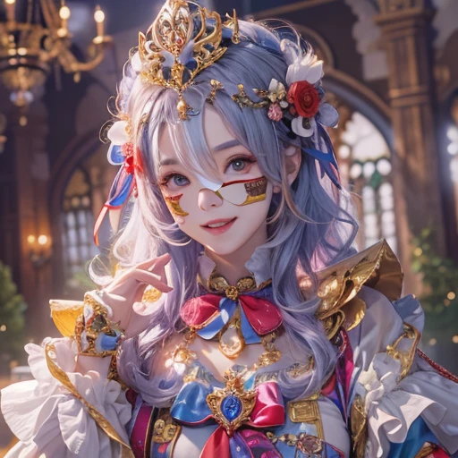 Hiding in the castle、Hair flow、 ((highest quality、masterpiece、8k、Best image quality、Ultra-high resolution、Award-winning works)、(Accurate anatomy:1.1)、(Look at me and smile:1.1)、Shining fair skin with Ultra-high resolution、The most detailed face、Ultra-high resolution detailed face、Ultra-high resolutionの髪の毛、(Ultra-high resolutionの煌めく瞳:1.1)、Beautiful face drawn in every detail、Cheerful clown costume, Chest to chest, Colorful Makeup、Half-masked at a masquerade ball