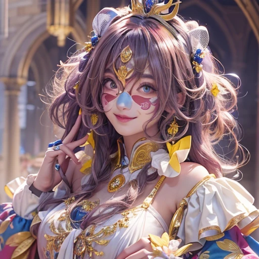 Hiding in the castle、Hair flow、 ((highest quality、masterpiece、8k、Best image quality、Ultra-high resolution、Award-winning works)、(Accurate anatomy:1.1)、(Look at me and smile:1.1)、Shining fair skin with Ultra-high resolution、The most detailed face、Ultra-high resolution detailed face、Ultra-high resolutionの髪の毛、(Ultra-high resolutionの煌めく瞳:1.1)、Beautiful face drawn in every detail、Cheerful clown costume, Chest to chest, tattoo,、Subtle clown make-up、Masquerade and masks