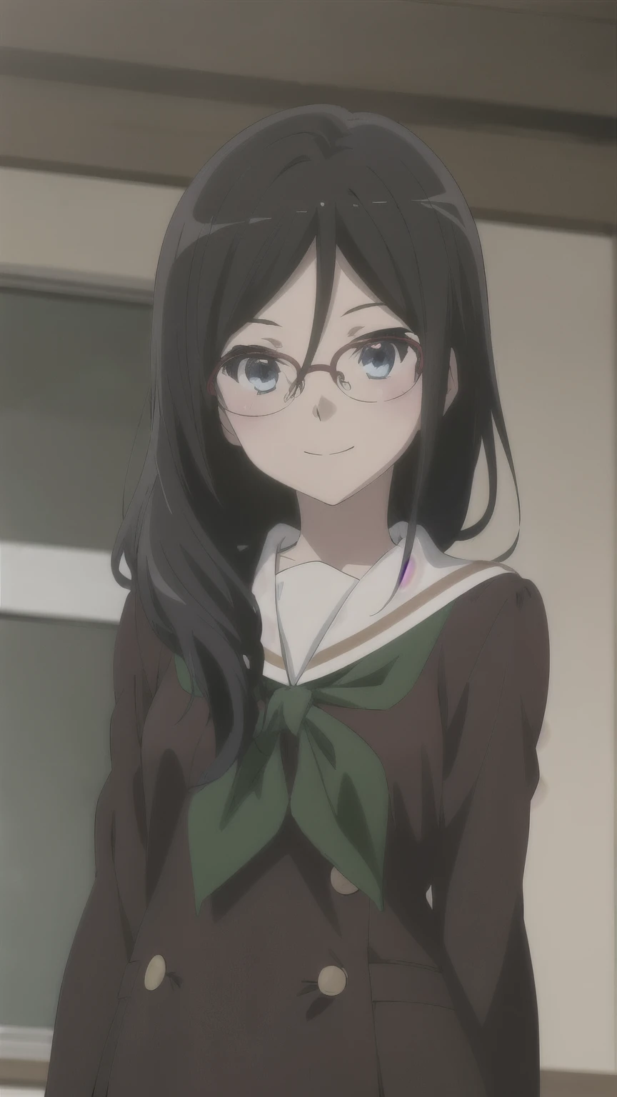 solo, 1girl, looking at viewer, sketch, flat colors, anime, anime coloring, upper body, asuka tanaka,kitauji high , green neckerchief, brown shirt, long sleeves, looking at viewer, smile、school