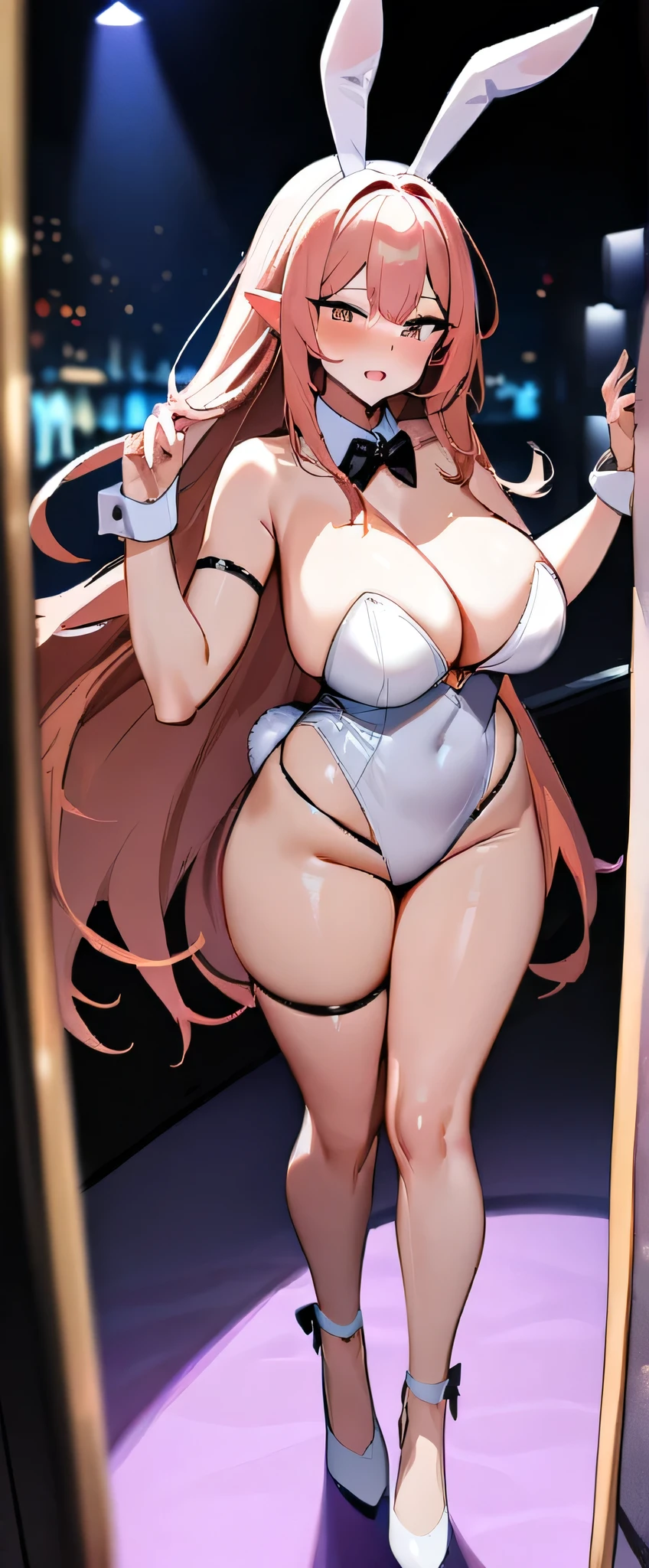 masterpiece, best quality, very aesthetic, absurdres, full body shot, 1woman, beautiful busty milf, Bunny girl costume, detailed highest part of bunny ears, night club, focus on bunny's ears