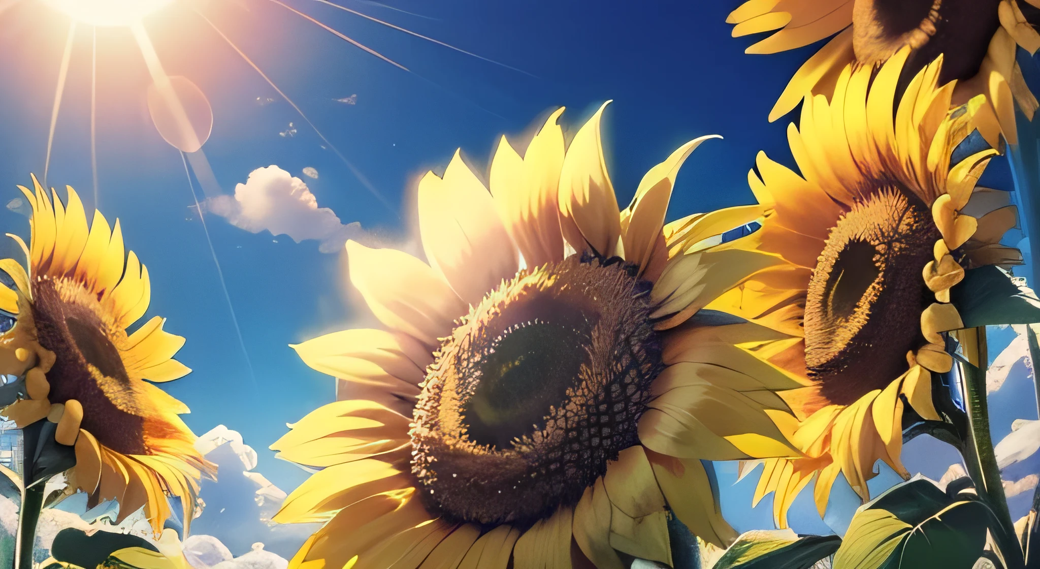 sunflower、Sunflower flower、Blue sky background、8K、highest quality、Realistic、Looking up from below、Very delicate flower、