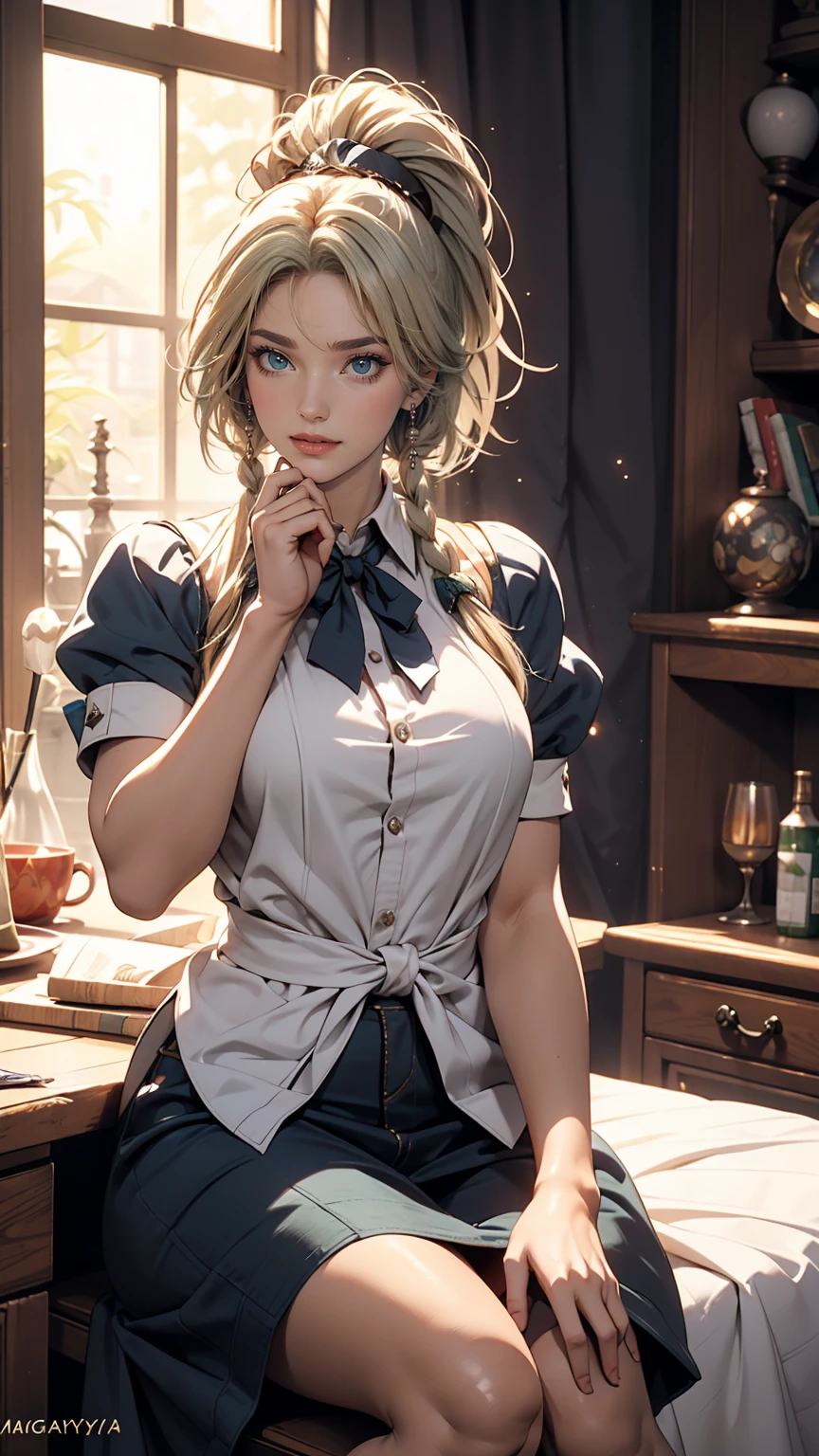 Sakuya, Magic Punk Style, Incredibly absurd, Concept Art, highest quality, Perfect lighting, figure, Vanishing Point, Sitting, View Viewer, Mature female character, One girl, (No mouth:1.3), Women's Center, Feminine, Green Hair, Dyed bangs, Sparkling eyes, wear (Fantasy style groin plate and shin guards:1.1), Wheat field, Finely drawn backgrounds, Great background