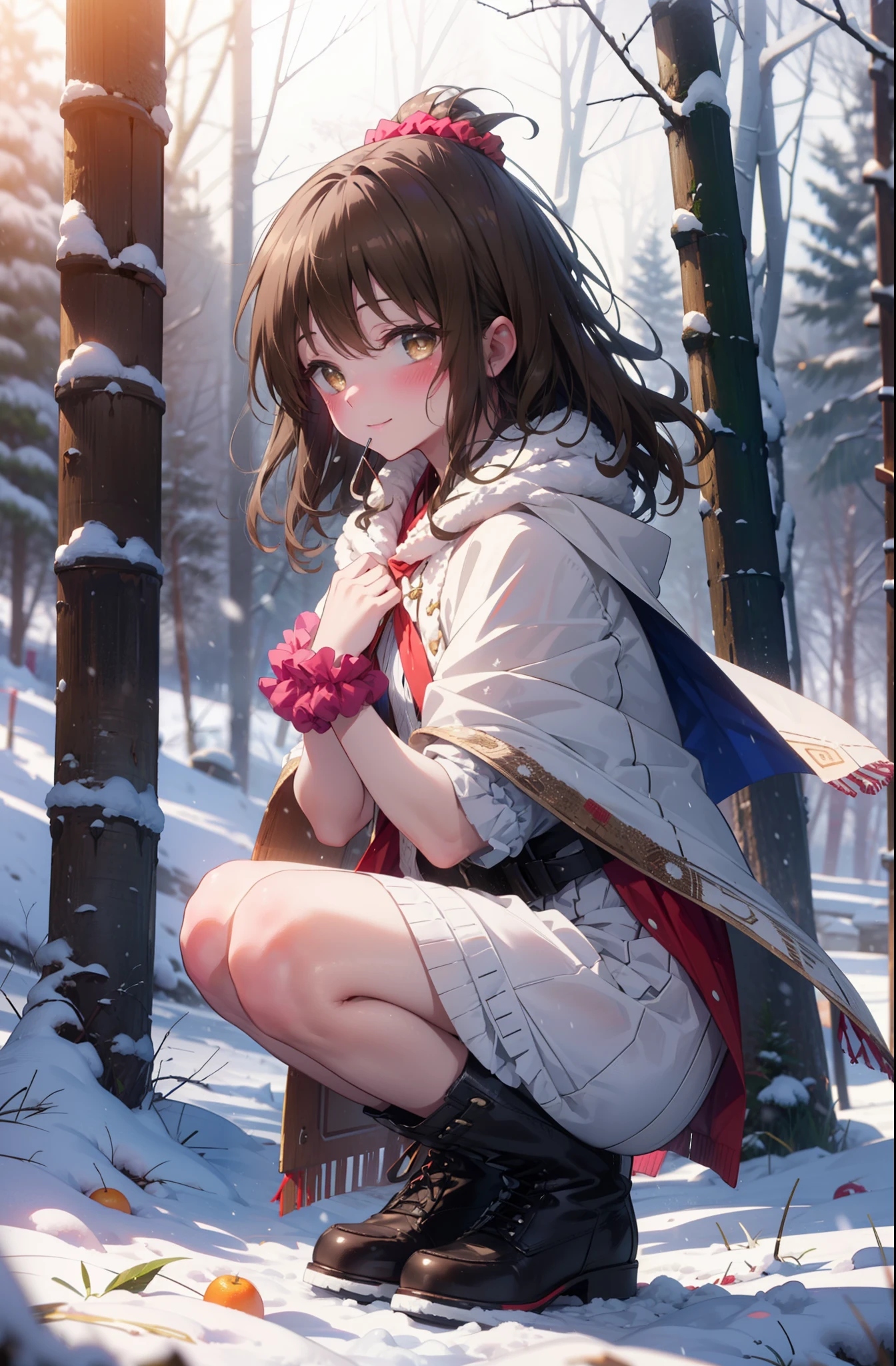 Follow Us, Yuki mandarin orange, (Brown eyes:1.5), Brown Hair, hair ornaments, hair Scrunchie, Long Hair, pink Scrunchie, Scrunchie, (Flat Chest:1.2),smile,,smile,blush,White Breath,
Open your mouth,snow,Ground bonfire, Outdoor, boots, snowing, From the side, wood, suitcase, Cape, Blurred, , forest, White handbag, nature,  Squat, Mouth closed, Cape, winter, Written boundary depth, Black shoes, red Cape break looking at viewer, Upper Body, whole body, break Outdoor, forest, nature, break (masterpiece:1.2), highest quality, High resolution, unity 8k wallpaper, (shape:0.8), (Beautiful and beautiful eyes:1.6), Highly detailed face, Perfect lighting, Extremely detailed CG, (Perfect hands, Perfect Anatomy),