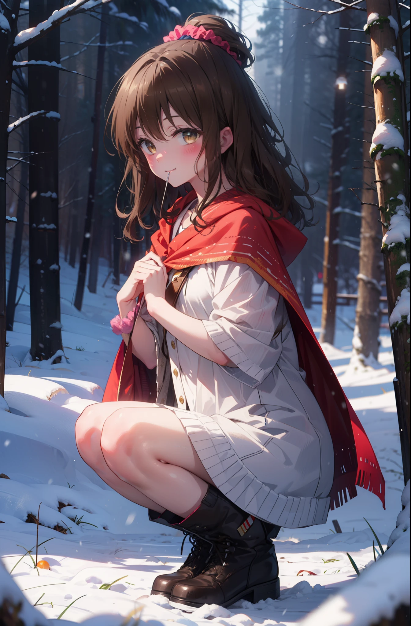 Follow Us, Yuki mandarin orange, (Brown eyes:1.5), Brown Hair, hair ornaments, hair Scrunchie, Long Hair, pink Scrunchie, Scrunchie, (Flat Chest:1.2),smile,,smile,blush,White Breath,
Open your mouth,snow,Ground bonfire, Outdoor, boots, snowing, From the side, wood, suitcase, Cape, Blurred, , forest, White handbag, nature,  Squat, Mouth closed, Cape, winter, Written boundary depth, Black shoes, red Cape break looking at viewer, Upper Body, whole body, break Outdoor, forest, nature, break (masterpiece:1.2), highest quality, High resolution, unity 8k wallpaper, (shape:0.8), (Beautiful and beautiful eyes:1.6), Highly detailed face, Perfect lighting, Extremely detailed CG, (Perfect hands, Perfect Anatomy),