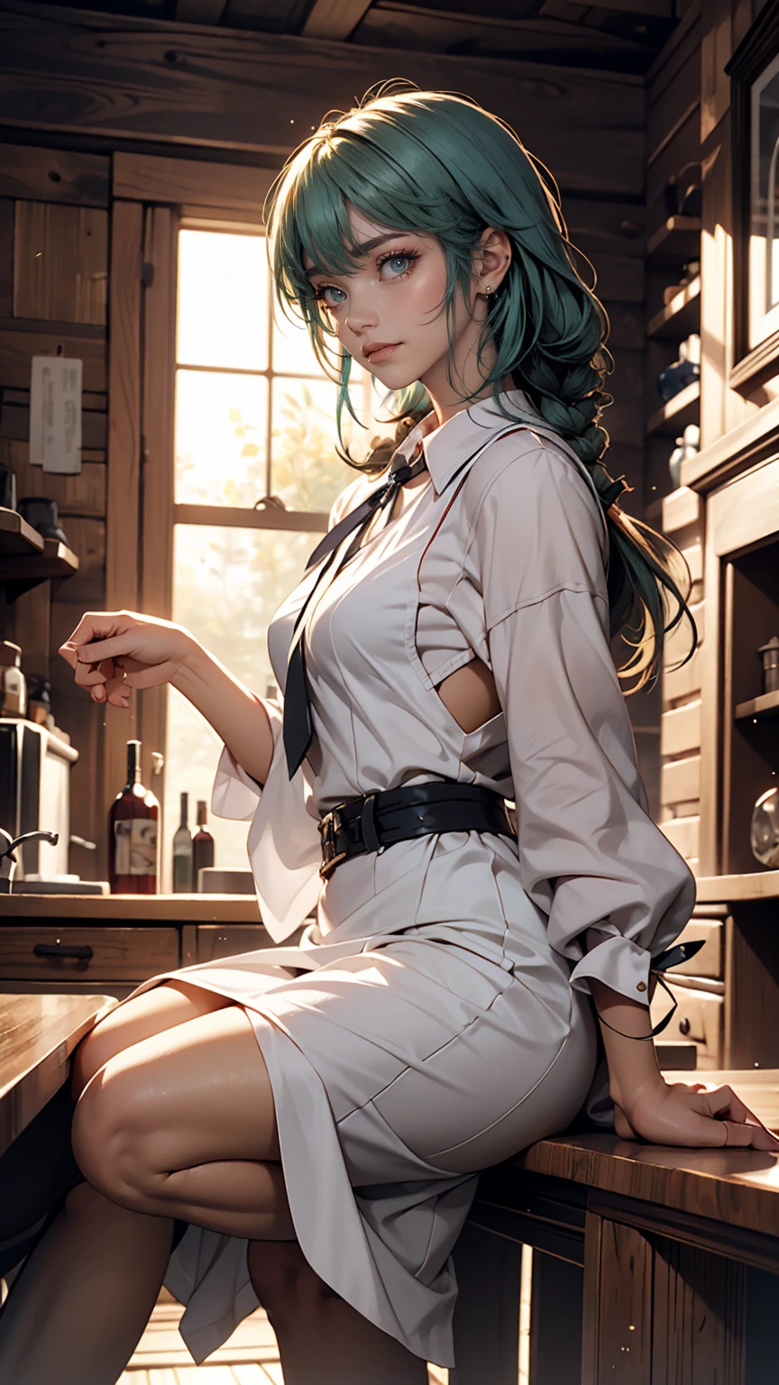 Sakuya, Magic Punk Style, Incredibly absurd, Concept Art, highest quality, Perfect lighting, figure, Vanishing Point, Sitting, View Viewer, Mature female character, One girl, (No mouth:1.3), Women's Center, Feminine, Green Hair, Dyed bangs, Sparkling eyes, wear (Fantasy style groin plate and shin guards:1.1), Wheat field, Finely drawn backgrounds, Great background