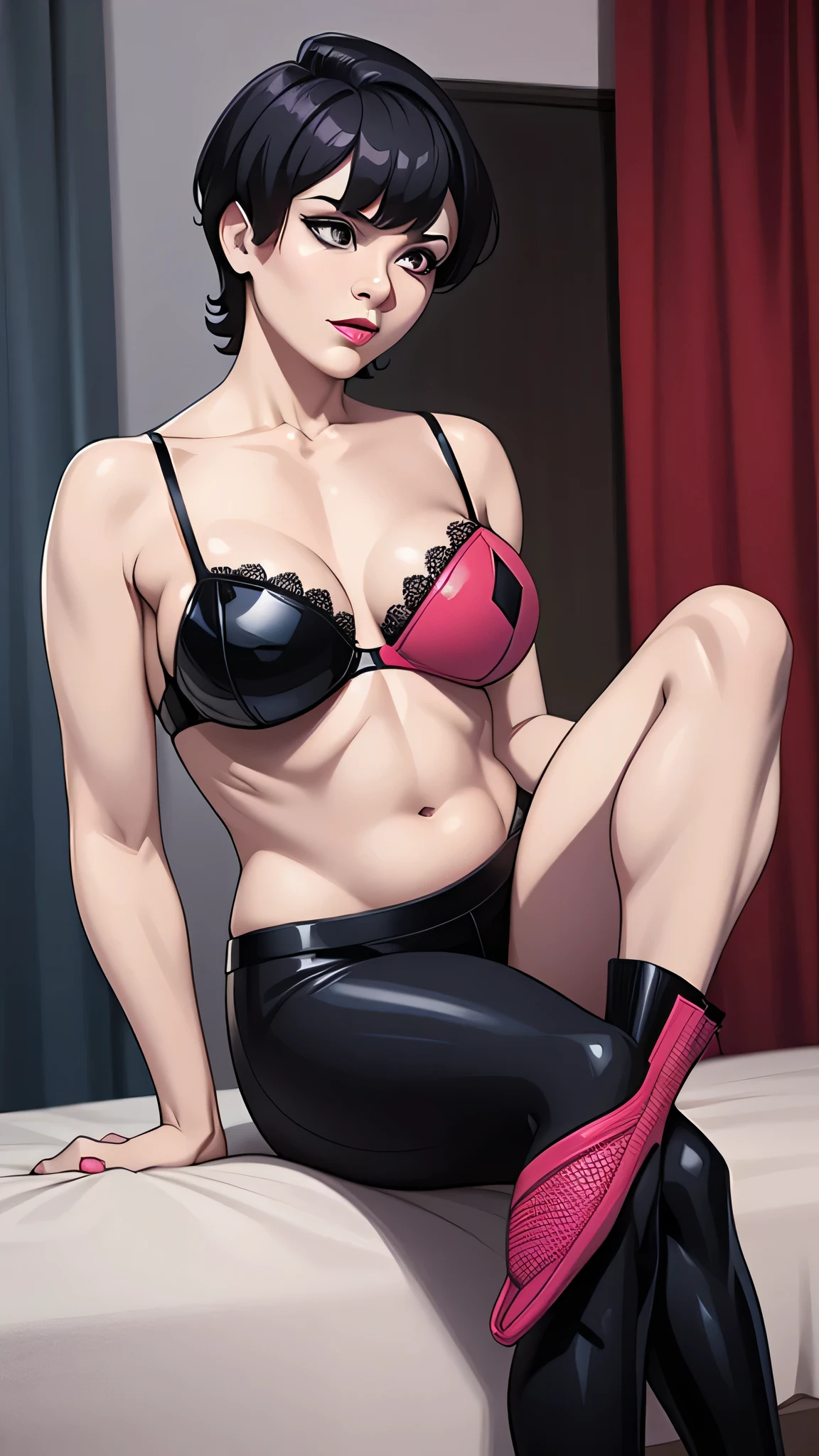 A beautiful beautiful woman with big chest, short black hair, square cut, her purple eye, pink lip, wears a red bra top and a black skirt, a pair of transparent black net socks, wearing a black boot.