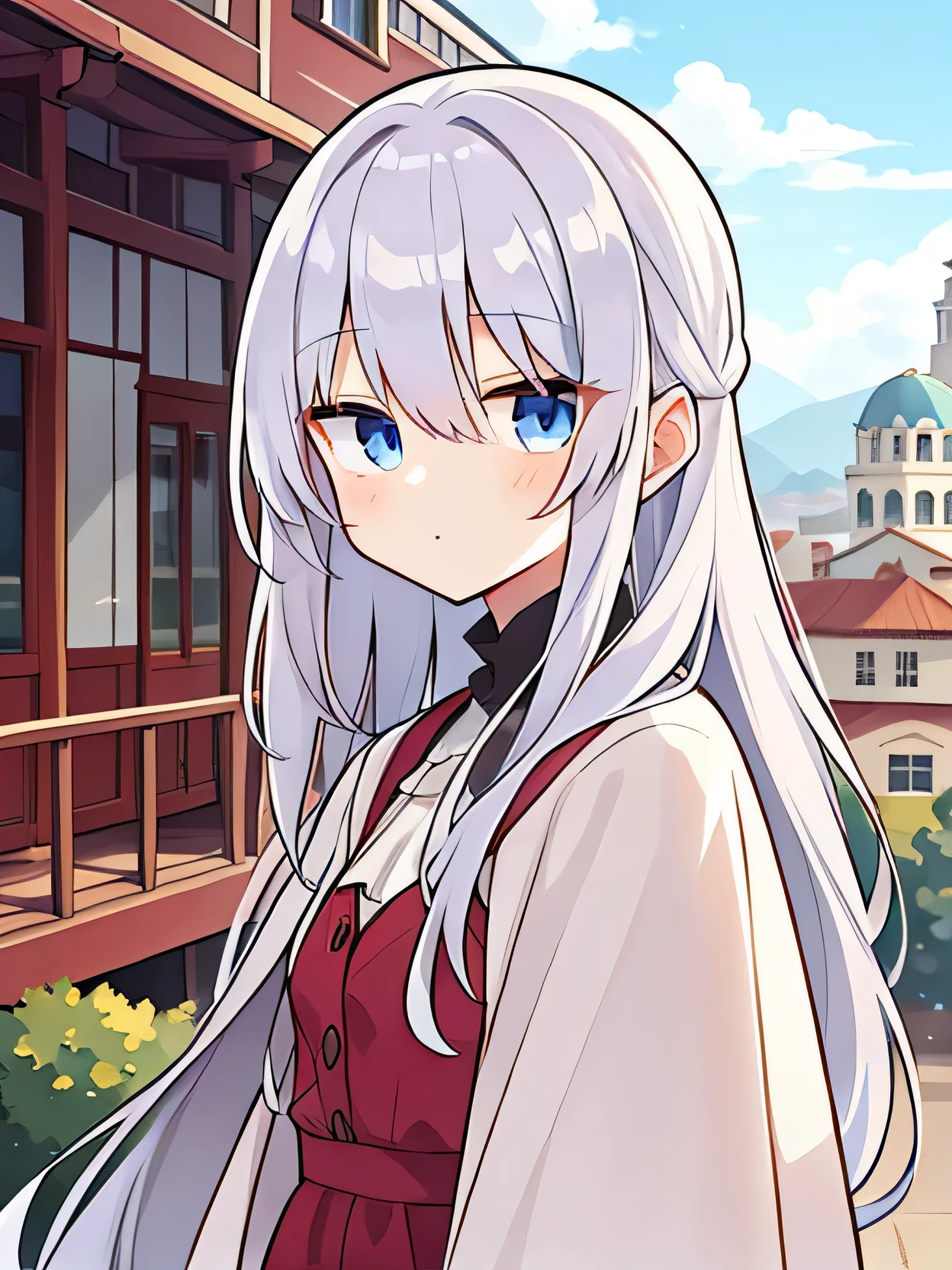 Red Cliff,Silver Hair、Light blue eyes、Antique Western-style buildings、Upper Body,masterpiece、silver hair、Early 20s、Anime style、beauty、younger sister、