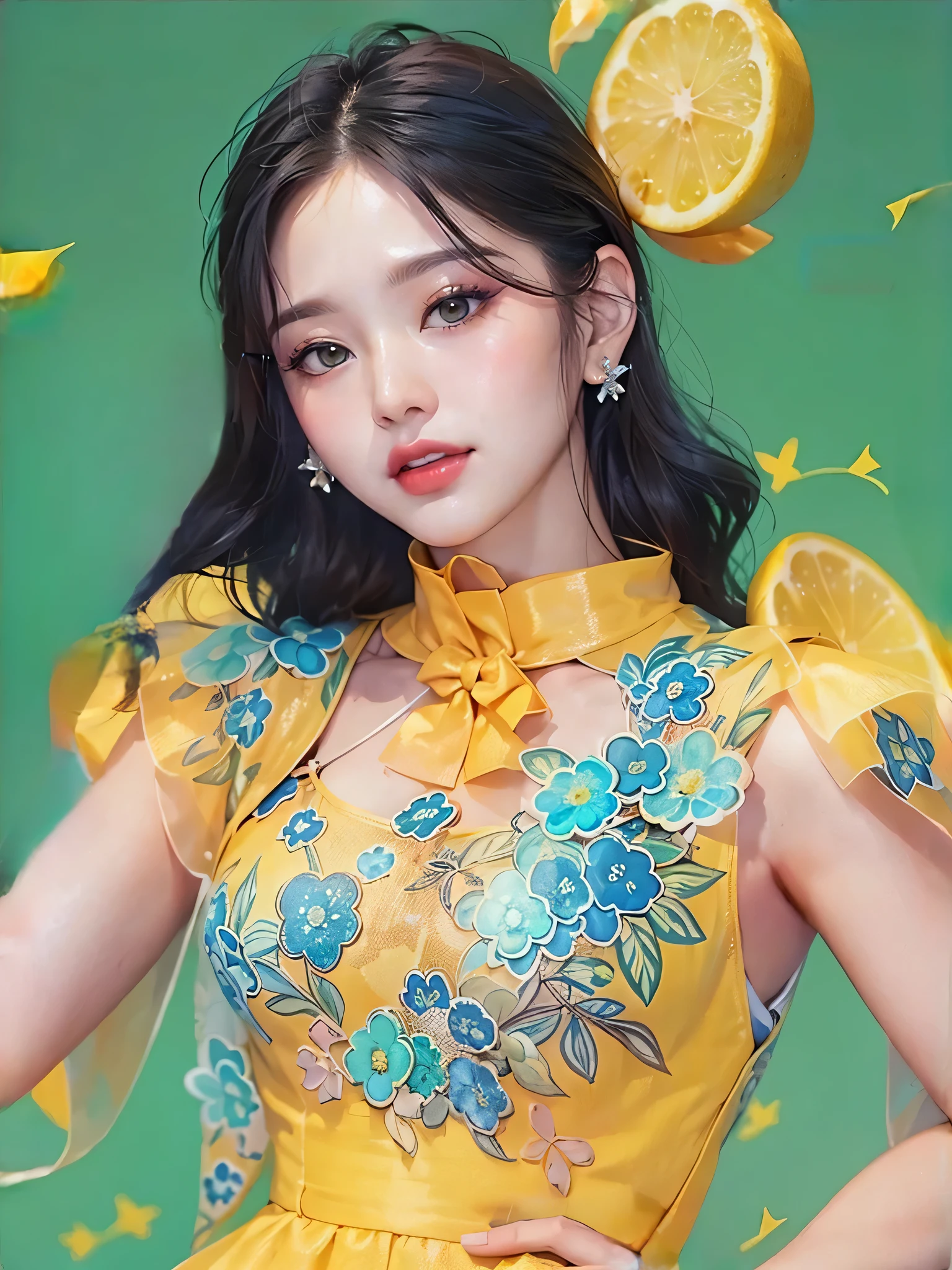 Close up of woman in yellow dress with lemon slices, Works inspired by Yanjun Cheng, Yanjun Chengt, by Russell Lu Dongjun, 🌺 cg society, by 양J, Guweiz style art work, Rising in popularity on cgstation, Inspired by Sima Jeong, inspired by Russell Lu Dongjun, Inspired by Kim Jeong-hee