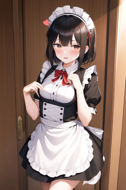 masterpiece, best quality, highres, gotou1, gotou hitori, solo, bangs, hair below eyes, short sleeves, maid, maid headdress, small breasts, standing, restaurant, heart, heart hands, shaded face, sweatdrop, nervous, anxiety, cowboy shot,