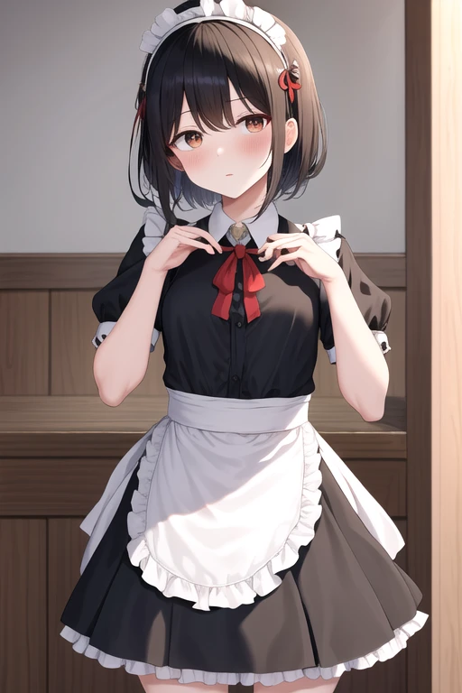 masterpiece, best quality, highres, gotou1, gotou hitori, solo, bangs, hair below eyes, short sleeves, maid, maid headdress, small breasts, standing, restaurant, heart, heart hands, shaded face, sweatdrop, nervous, anxiety, cowboy shot,