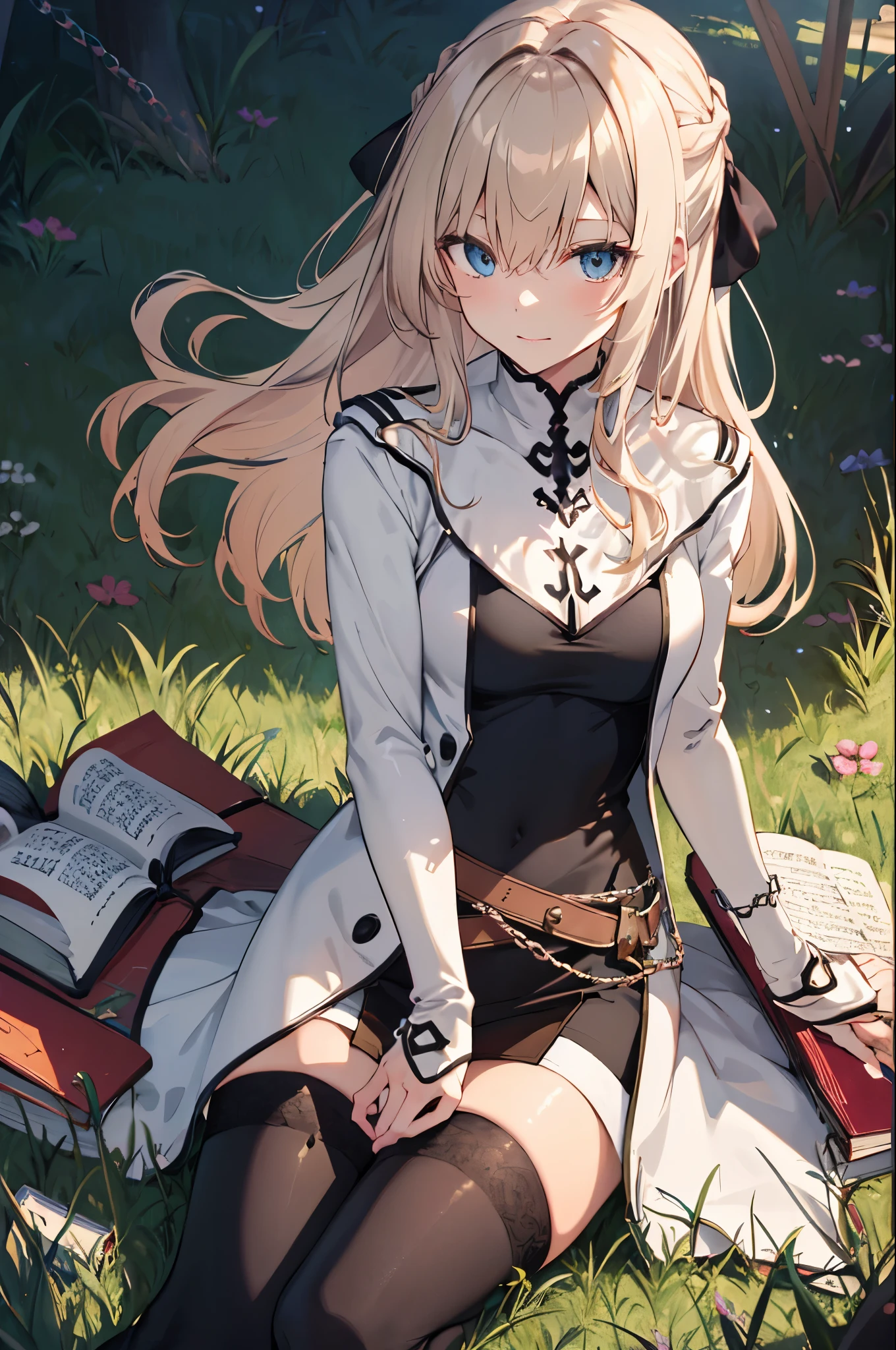 cyrille, long hair,hair ribbon, white coat, long sleeves, black dress, black thighhighs, white boots,(have a book),(book tied up with chains),fingersmile,upper body,grassland,masterpiece,Noise Reduction,perfect anatomy,high resolution, ultra-detailed,game cg,dutch angle ,beautiful detailed eyes,visualart,five fingers, perfect hands, perfect lighting