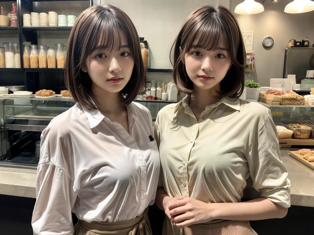 super high quality, Fashion Model, Short Hair, Slender, The staff is working at the counter in the back., (8k、RAW Photos、highest quality、masterpiece:1.2), Japanese Idol, Serious expression, Shaggy, Brown Hair, Stylish café, Fashion magazine shooting, (Realistic、Photorealistic:1.37), Beautiful Face , Mesh Hair, large chest, Urban Cafe, Golden Ratio, A gentle gaze, Spring Clothes, Beautiful hairstyle, White Shirt, Neat clothes,