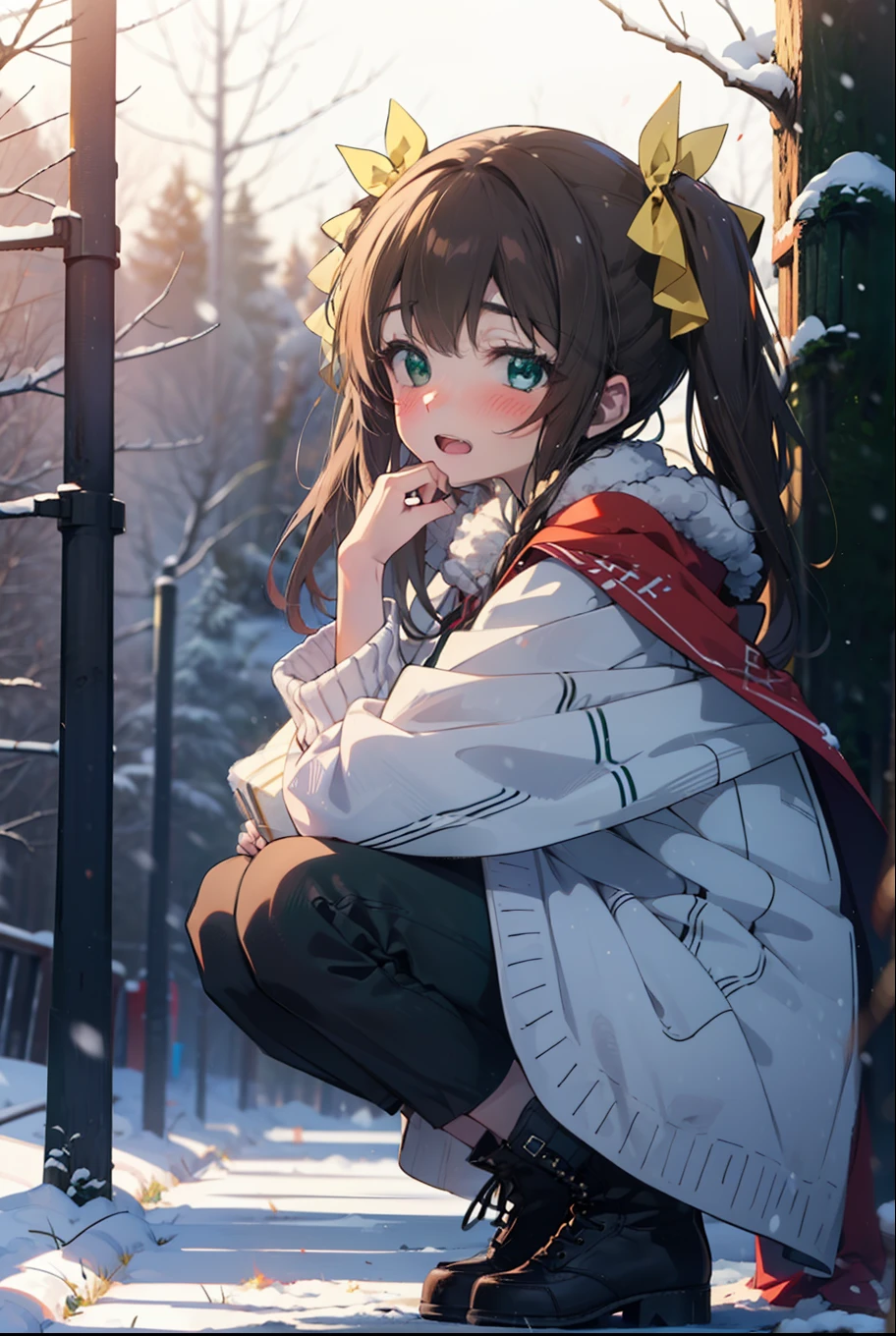 Lin Ying Fan, Huang Lingyin(Huang Linying), Long Hair, Brown Hair, ribbon, Twin tails, (Green Eyes:1.3), hair ribbon, teeth, smile,blush,White Breath,Small breasts,
Open your mouth,snow,Ground bonfire, Outdoor, boots, snowing, From the side, wood, suitcase, Cape, Blurred, Increase your meals, forest, White handbag, nature,  Squat, Mouth closed, フードed Cape, winter, Written boundary depth, Black shoes, red Cape break looking at viewer, Upper Body, whole body, break Outdoor, forest, nature, break (masterpiece:1.2), highest quality, High resolution, unity 8k wallpaper, (shape:0.8), (Beautiful and beautiful eyes:1.6), Highly detailed face, Perfect lighting, Extremely detailed CG, (Perfect hands, Perfect Anatomy),