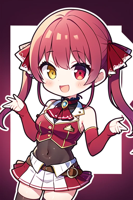 masterpiece, highest quality, High resolution, bb Marine, Twin tails, Heterochromia iridis, Red Ascot, Expose your shoulders, Red Shirt, Bare arms, No sleeve, See through, (A leotard worn under clothing:1.2), Covered navel, belt, Pleated skirt, Red Skirt, Black knee socks, smile, wave hands, Open your mouth, masterpiece, highest quality, High resolution, ,alone, Center of chest, Cowboy Shot, smile, Open your mouth, stage、 wave hands,Five Fingers