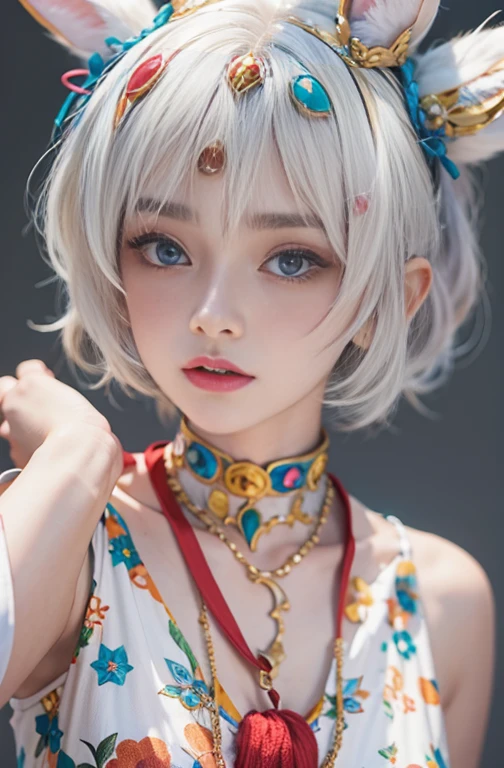 28 years old, Close-up portrait of a woman in a colorful clown costume、Shoulders out、thin、Serious expression、Short-haired、Deadly position, Gorgeous Necklace, Light milky porcelain skin, Smooth, Translucent white skin, Enchanting anime girl, Beautiful and seductive anime woman, Ultra realistic sweet bunny girl, Pale porcelain white skin, Smooth, Realistic and perfect body, Anime Girl Cosplay, Perfect body with realistic shadows, Switzerland&#39;masterpiece