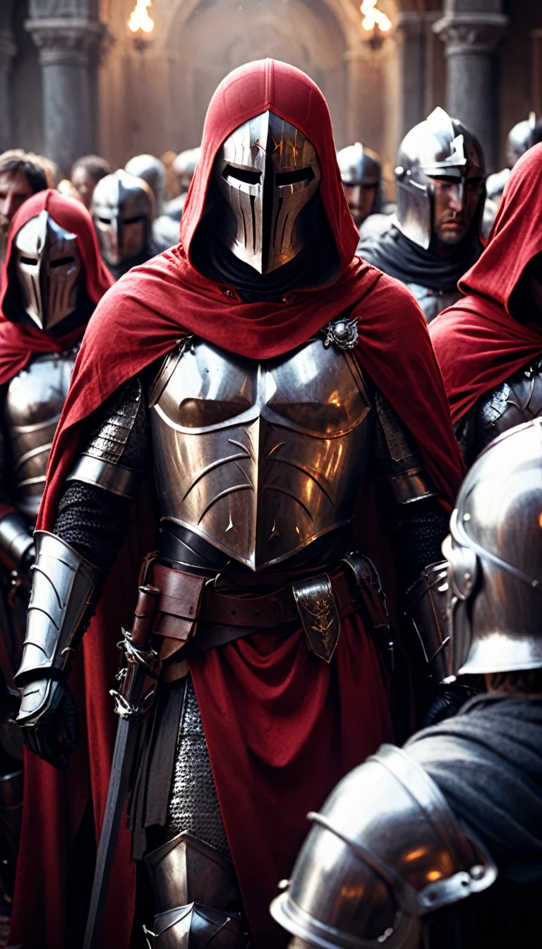 a group of knights donned in full armor and adorned with striking red capes finds themselves in the midst of a dramatic battle. Armed with powerful maschinengewehr weapons, these valiant templars face off against a horde of possessed politicians, locked in a fierce struggle for supremacy and control,
digital UHD (k) image, cinematic film still dramatic side lighting, dramatic intense stare closeup portrait,  hdr,  shallow depth of field, vignette, highly detailed, high budget Hollywood film, cinemascope, moody, epic, gorgeous
, Highly detailed and clean, Photorealistic and cinematic masterpiece, professional photography, realistic, realism, 200k , Raytracing and light effect , gold magic, gold efect, digital, perfect composition, beautiful detailed intricate insanely detailed octane render trending on artstation, 8 k artistic photography, photorealistic concept art, soft natural volumetric cinematic perfect light, award - winning photograph, masterpiece, raphael, caravaggio, greg rutkowski, beeple, beksinski, giger