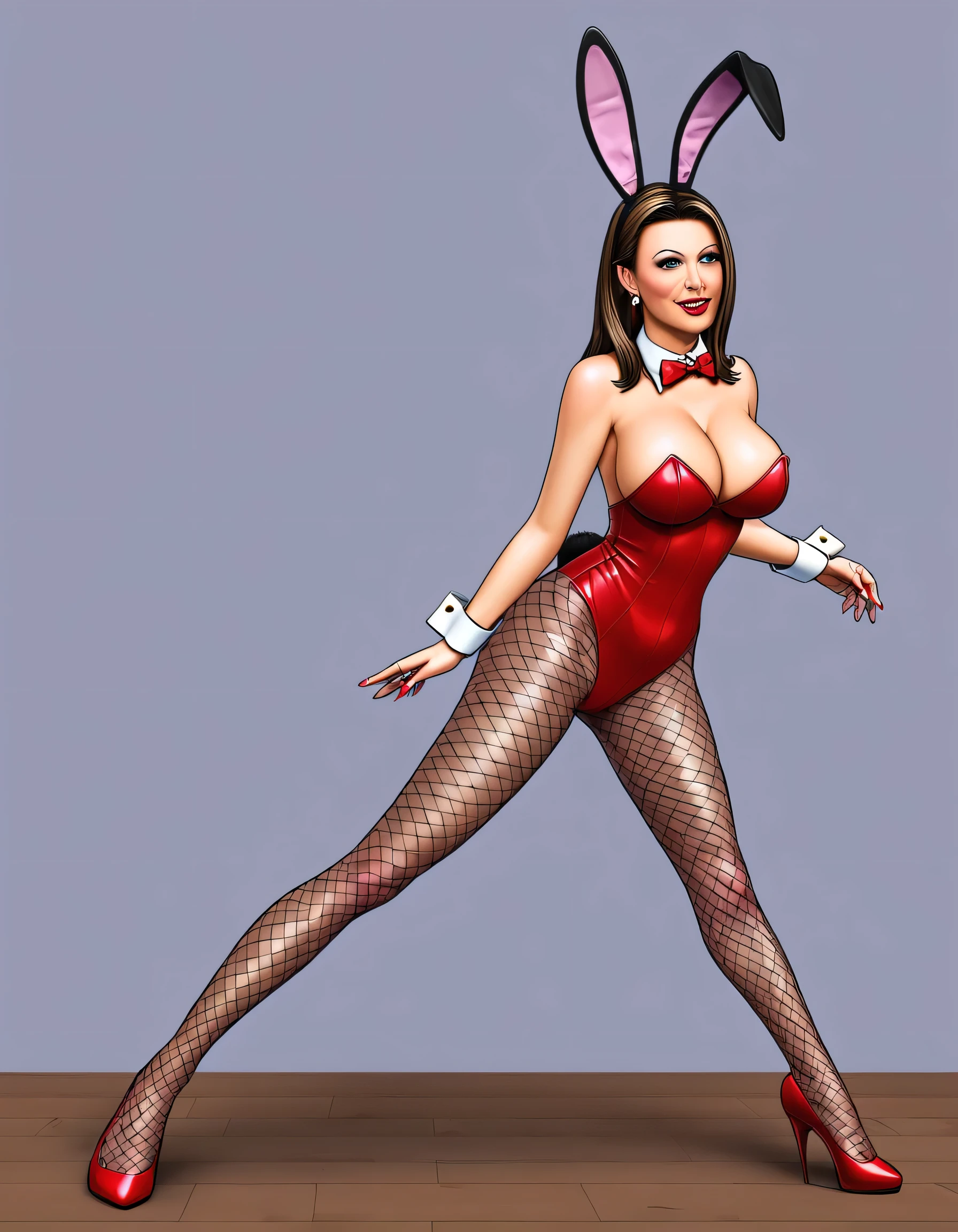 masterpiece, best quality, very aesthetic, absurdres, full body shot, 1woman, beautiful busty milf, Bunny girl costume, detailed highest part of bunny ears, night club, focus on bunny's ears