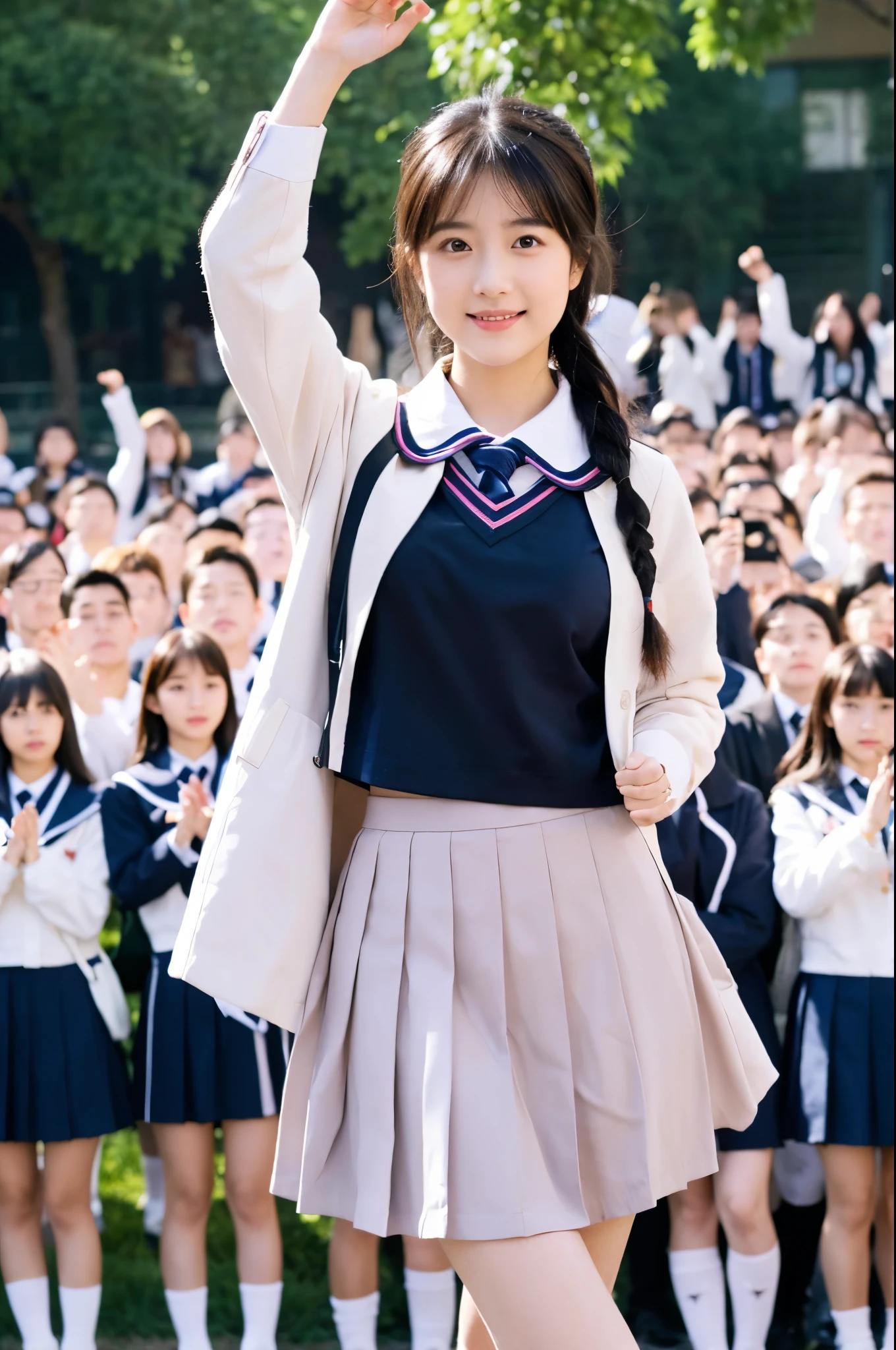 ((masterpiece, Top image quality, high resolution、solitary、radiant skin))girl,single,Long hair,Looking at the audience,blush,Smile,Bangs,skirt,shirt,Black Hair,Long sleeve,Ribbon,Double tail braid,Uniforms,Standing,jacket,whole body,Headband,白shirt,Heart-shaped,Pleated Skirt,outdoor,Open clothes,shoe,serafuku,necklace,sock,hands up,黑色skirt,Pink Eyes,Shoulder,敞开的jacket,scarf,Symbol-shaped pupil,Bare legs,黑色sock,sports shoes,White sailor collar,粉色jacket