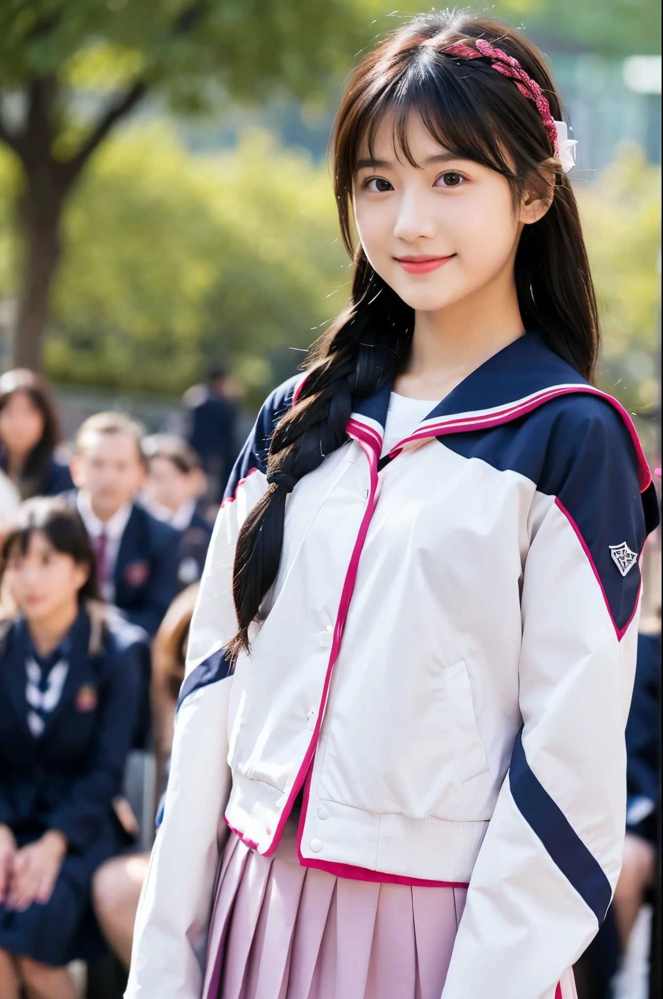 ((masterpiece, Top image quality, high resolution、solitary、radiant skin))girl,single,Long hair,Looking at the audience,blush,Smile,Bangs,skirt,shirt,Black Hair,Long sleeve,Ribbon,Double tail braid,Uniforms,Standing,jacket,whole body,Headband,白shirt,Heart-shaped,Pleated Skirt,outdoor,Open clothes,shoe,serafuku,necklace,sock,hands up,黑色skirt,Pink Eyes,Shoulder,敞开的jacket,scarf,Symbol-shaped pupil,Bare legs,黑色sock,sports shoes,White sailor collar,粉色jacket