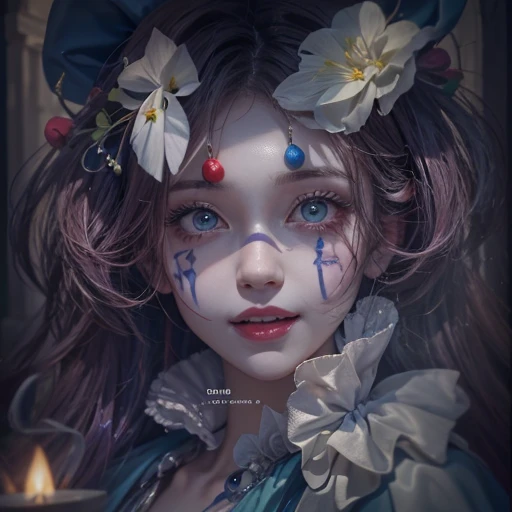 Standing in the grave、Hair flow、 ((highest quality、masterpiece、8k、Best image quality、Ultra-high resolution、Award-winning works)、(Accurate anatomy:1.1)、(Look at me and smile:1.1)、Shining fair skin with Ultra-high resolution、The most detailed face、Ultra-high resolution detailed face、Ultra-high resolutionの髪の毛、(Ultra-high resolution eye:1.1)、Beautiful face drawn in every detail、Cheerful clown costume, Chest to chest, Strange atmosphere, Ghosts flow, Dark Light, At the cemetery