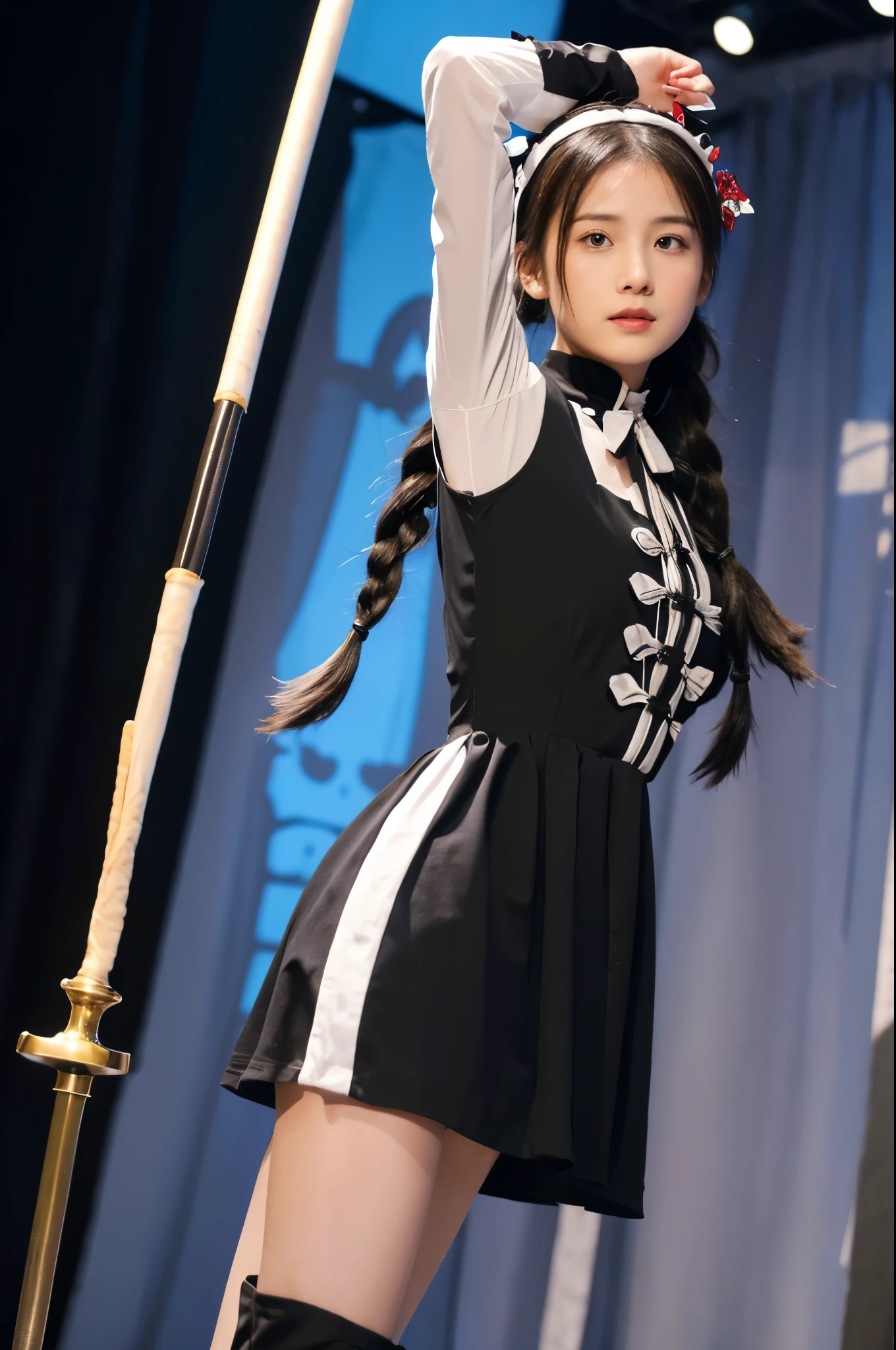 girl，Long hair，黑色dress，Very long hair，dress，Ponytail，Bow，blue eyes，Bow，法式braid，Long sleeve，Looking at the audience，白色dress，Gray hair，pelvic curtains，Lateral hair，braid，boots，thigh，solo，Wide sleeves，Center opening，双色dress，黑色Bow，thigh靴，Black shoes，Spear，arms，长柄arms，Headdress，thigh高，belly button，prick，Tattoo