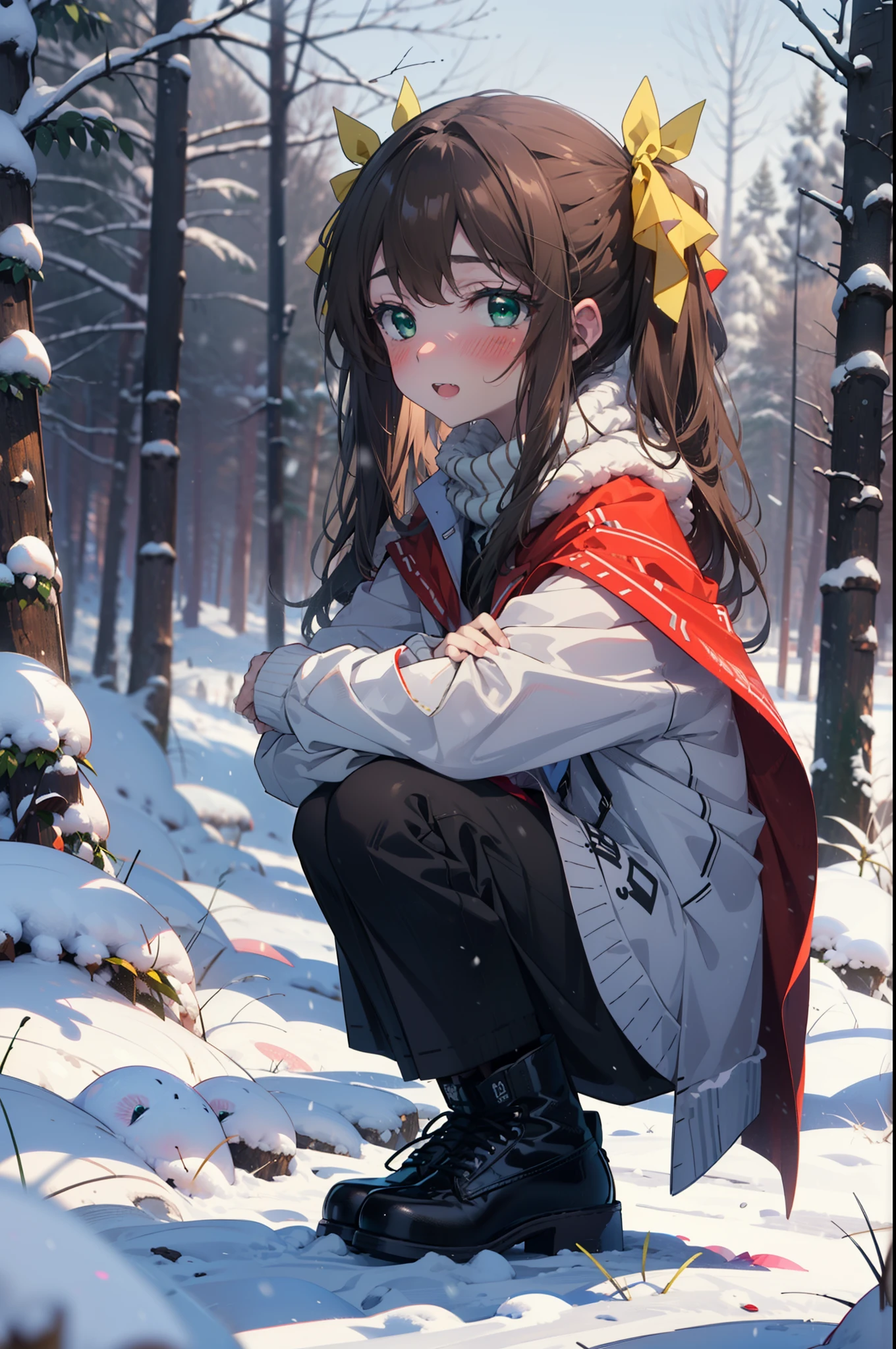 Lin Ying Fan, Huang Lingyin(Huang Linying), Long Hair, Brown Hair, ribbon, Twin tails, (Green Eyes:1.3), hair ribbon, teeth, smile,blush,White Breath,Small breasts,
Open your mouth,snow,Ground bonfire, Outdoor, boots, snowing, From the side, wood, suitcase, Cape, Blurred, Increase your meals, forest, White handbag, nature,  Squat, Mouth closed, フードed Cape, winter, Written boundary depth, Black shoes, red Cape break looking at viewer, Upper Body, whole body, break Outdoor, forest, nature, break (masterpiece:1.2), highest quality, High resolution, unity 8k wallpaper, (shape:0.8), (Beautiful and beautiful eyes:1.6), Highly detailed face, Perfect lighting, Extremely detailed CG, (Perfect hands, Perfect Anatomy),