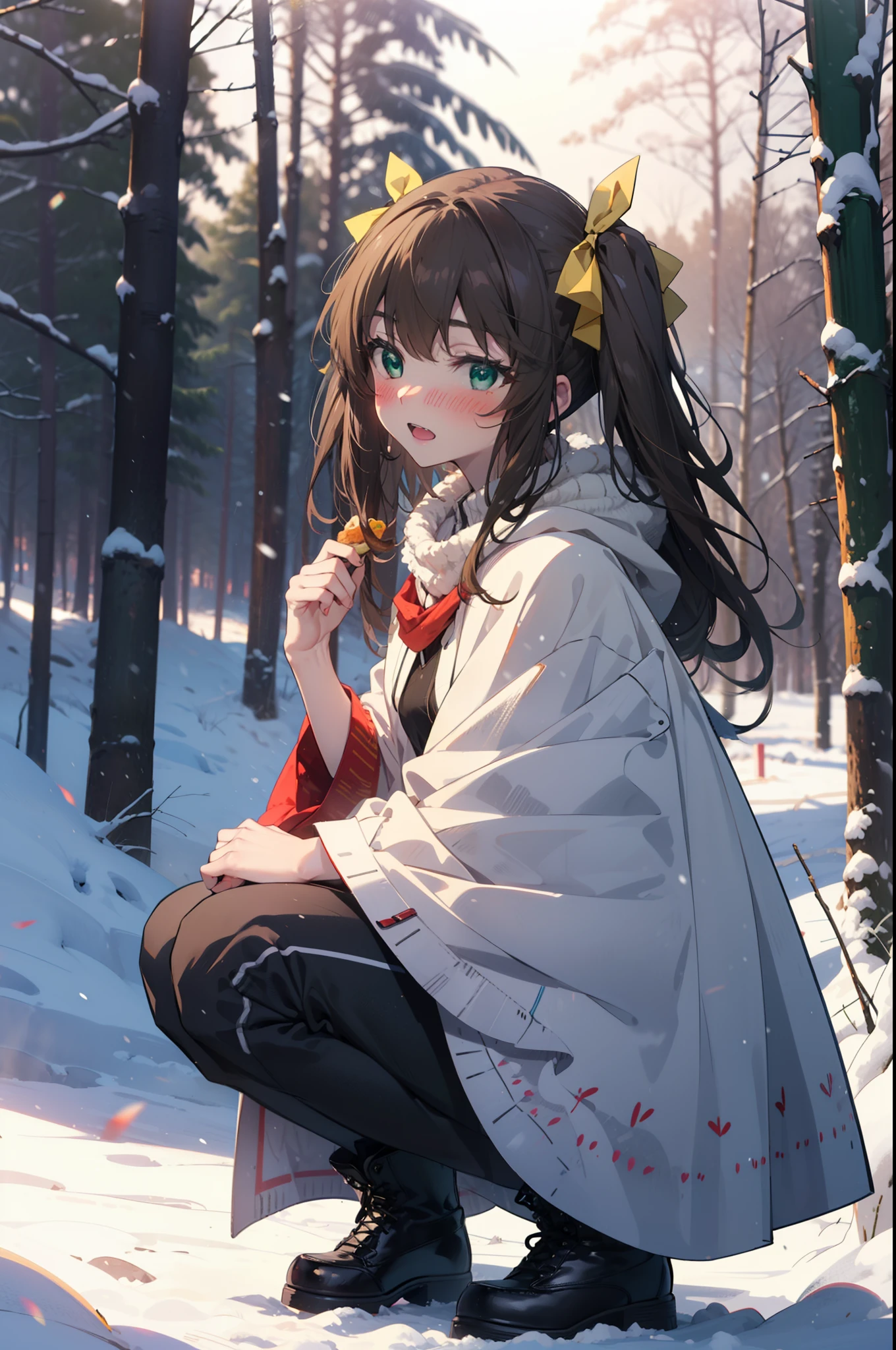 Lin Ying Fan, Huang Lingyin(Huang Linying), Long Hair, Brown Hair, ribbon, Twin tails, (Green Eyes:1.3), hair ribbon, teeth, smile,blush,White Breath,Small breasts,
Open your mouth,snow,Ground bonfire, Outdoor, boots, snowing, From the side, wood, suitcase, Cape, Blurred, Increase your meals, forest, White handbag, nature,  Squat, Mouth closed, フードed Cape, winter, Written boundary depth, Black shoes, red Cape break looking at viewer, Upper Body, whole body, break Outdoor, forest, nature, break (masterpiece:1.2), highest quality, High resolution, unity 8k wallpaper, (shape:0.8), (Beautiful and beautiful eyes:1.6), Highly detailed face, Perfect lighting, Extremely detailed CG, (Perfect hands, Perfect Anatomy),