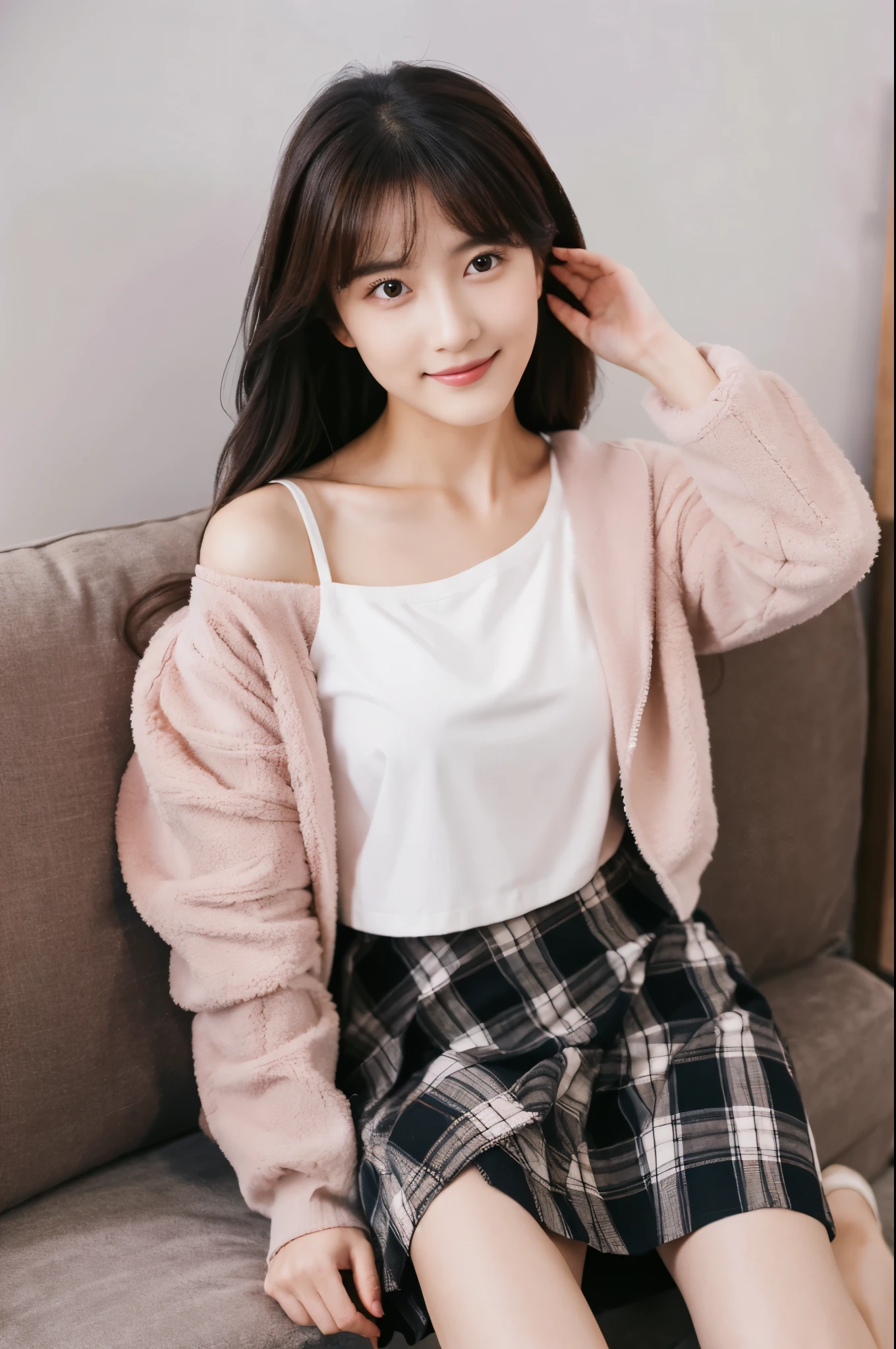 ((masterpiece, Top image quality, high resolution、solitary、radiant skin))girl，animal，Bangs，Off-shoulder，Black shoes，Black Leg，黑skirt，Vague，Vague前景，Blush，Chest，Shut up，clavicle，Depth of field of view，Eyebrows through hair，Hair between the eyes，Hair accessories，Headband，High heels，jacket，Long hair，Long sleeve，Viewers，Mid-chest，Off-shoulder，One side up，Pantyhose，Pillow，Pink Hair，Plaid，Plaid裙，Ribbon，shirt，shoe，Sitting，skirt，Smile，Solo flight，毛绒animal，Plush cat，Plush Toys，Teddy Bear，Longhair，Variza，White background，白色jacket，白色shirt