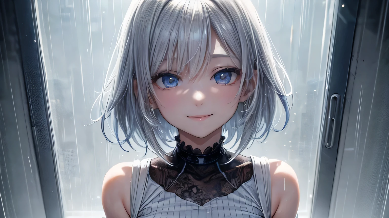 smile、woman、short hair,Stylish and cute white clothes,Ripped jeans,Clothes that are wet from the rain and slightly transparent,Wet Hair,rain,Weather,Ultra-high resolution, Accurate, Super detailed, Textured skin, High detail, highest quality, 8k, Detailed Hair,Detailed eyes,Focus on the face,Depict the figure from the waist up,Rainy cityscape,