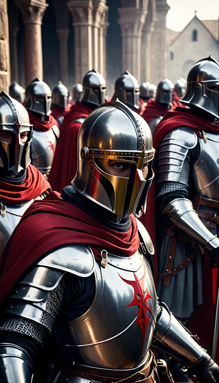 a group of knights donned in full armor and adorned with striking red capes finds themselves in the midst of a dramatic battle. Armed with powerful maschinengewehr weapons, these valiant templars face off against a horde of possessed politicians, locked in a fierce struggle for supremacy and control,
digital UHD (k) image, cinematic film still dramatic side lighting, dramatic intense stare closeup portrait,  hdr,  shallow depth of field, vignette, highly detailed, high budget Hollywood film, cinemascope, moody, epic, gorgeous
, Highly detailed and clean, Photorealistic and cinematic masterpiece, professional photography, realistic, realism, 200k , Raytracing and light effect , gold magic, gold efect, digital, perfect composition, beautiful detailed intricate insanely detailed octane render trending on artstation, 8 k artistic photography, photorealistic concept art, soft natural volumetric cinematic perfect light, award - winning photograph, masterpiece, raphael, caravaggio, greg rutkowski, beeple, beksinski, giger