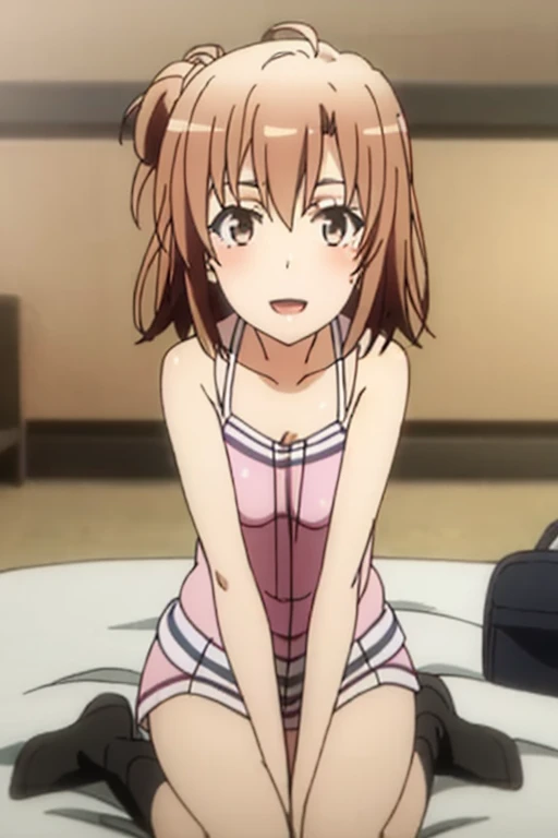 ((highest quality)), ((masterpiece)), (be familiar with), Perfect Face, indoor, Bedroom, Watching the audience,
One woman, Yuigahama Yui,
Open Mouth, Ecstatic expression, blush, smile,
Small breasts, Flat Chest, Young Girl, , , Girl,
Short Hair, Salmon-colored hair, Salmon-colored eyes, Side Pony,
Leg spread,