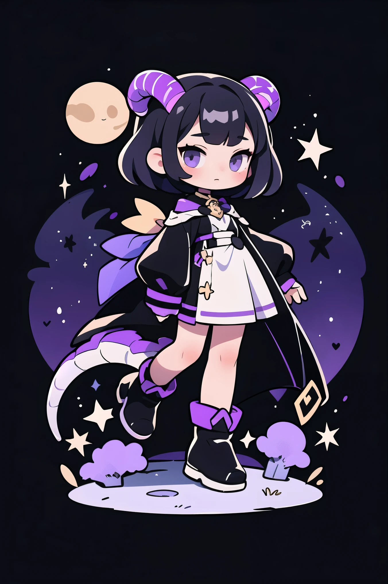 a dragon girl from the universe with short black starry hair with purple and black horns and a black tail with clothes with star details full body with black boots and a star at the tip with a dark purple sock