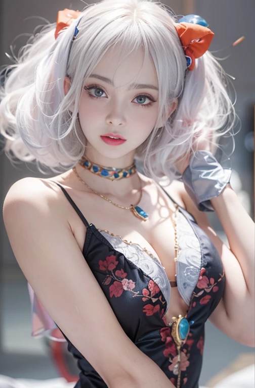 28 years old, Close-up portrait of a woman in a colorful clown costume、Shoulders out、thin、Serious expression、Short-haired、Deadly position, Gorgeous Necklace, Light milky porcelain skin, Smooth, Translucent white skin, Enchanting anime girl, Beautiful and seductive anime woman, Ultra realistic sweet bunny girl, Pale porcelain white skin, Smooth, Realistic and perfect body, Anime Girl Cosplay, Perfect body with realistic shadows, Switzerland'masterpiece