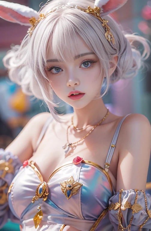 28 years old, Close-up portrait of a woman in a colorful clown costume、Shoulders out、thin、Serious expression、Short-haired、Deadly position, Gorgeous Necklace, Light milky porcelain skin, Smooth, Translucent white skin, Enchanting anime girl, Beautiful and seductive anime woman, Ultra realistic sweet bunny girl, Pale porcelain white skin, Smooth, Realistic and perfect body, Anime Girl Cosplay, Perfect body with realistic shadows, Switzerland&#39;masterpiece