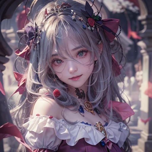 Standing in the grave、Hair flow、 ((highest quality、masterpiece、8k、Best image quality、Ultra-high resolution、Award-winning works)、(Accurate anatomy:1.1)、(Look at me and smile:1.1)、Shining fair skin with Ultra-high resolution、The most detailed face、Ultra-high resolution detailed face、Ultra-high resolutionの髪の毛、(Ultra-high resolution eye:1.1)、Beautiful face drawn in every detail、Cheerful clown costume, Chest to chest, Strange atmosphere, Ghosts flow, Dark Light, At the cemetery, Heavy makeup