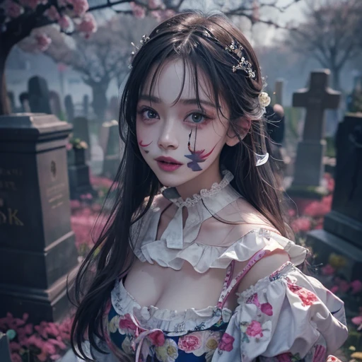 Standing in the grave、Hair flow、 ((highest quality、masterpiece、8k、Best image quality、Ultra-high resolution、Award-winning works)、(Accurate anatomy:1.1)、(Look at me and smile:1.1)、Shining fair skin with Ultra-high resolution、The most detailed face、Ultra-high resolution detailed face、Ultra-high resolutionの髪の毛、(Ultra-high resolution eye:1.1)、Beautiful face drawn in every detail、Cheerful clown costume, Chest to chest,  Strange atmosphere, Ghosts flow, Dark Light, At the cemetery, Heavy makeup 