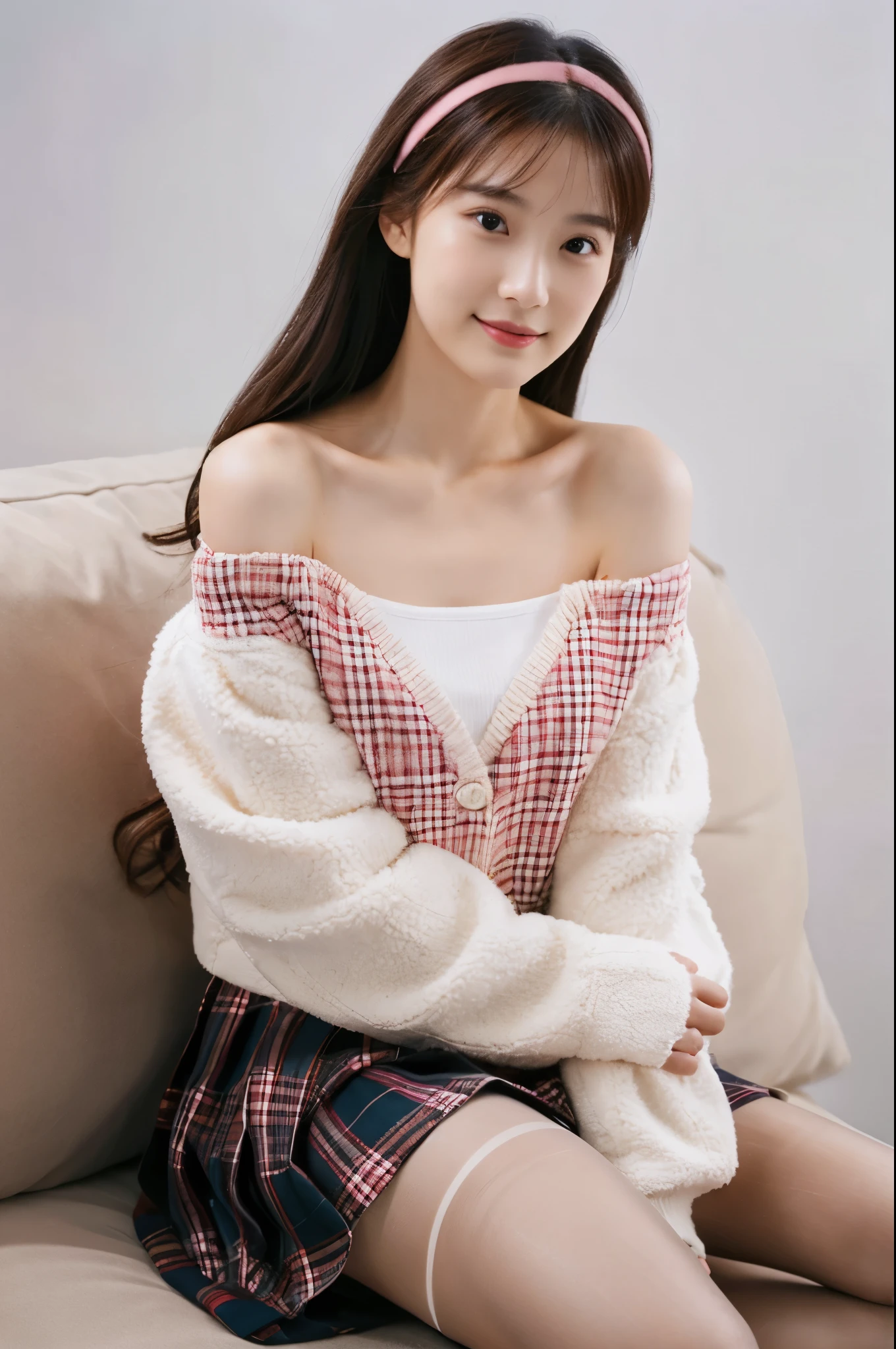 ((masterpiece, Top image quality, high resolution、solitary、radiant skin))girl,animal,Bangs,Off-shoulder,Black shoes,Black Leg,黑skirt,Vague,Vague前景,Blush,Chest,Shut up,clavicle,Depth of field of view,Eyebrows through hair,Hair between the eyes,Hair accessories,Headband,High heels,jacket,Long hair,Long sleeve,Viewers,Mid-chest,Off-shoulder,One side up,Pantyhose,Pillow,Pink Hair,Plaid,Plaid裙,Ribbon,shirt,shoe,Sitting,skirt,Smile,Solo flight,毛绒animal,Plush cat,Plush Toys,Teddy Bear,Longhair,Variza,White background,白色jacket,白色shirt