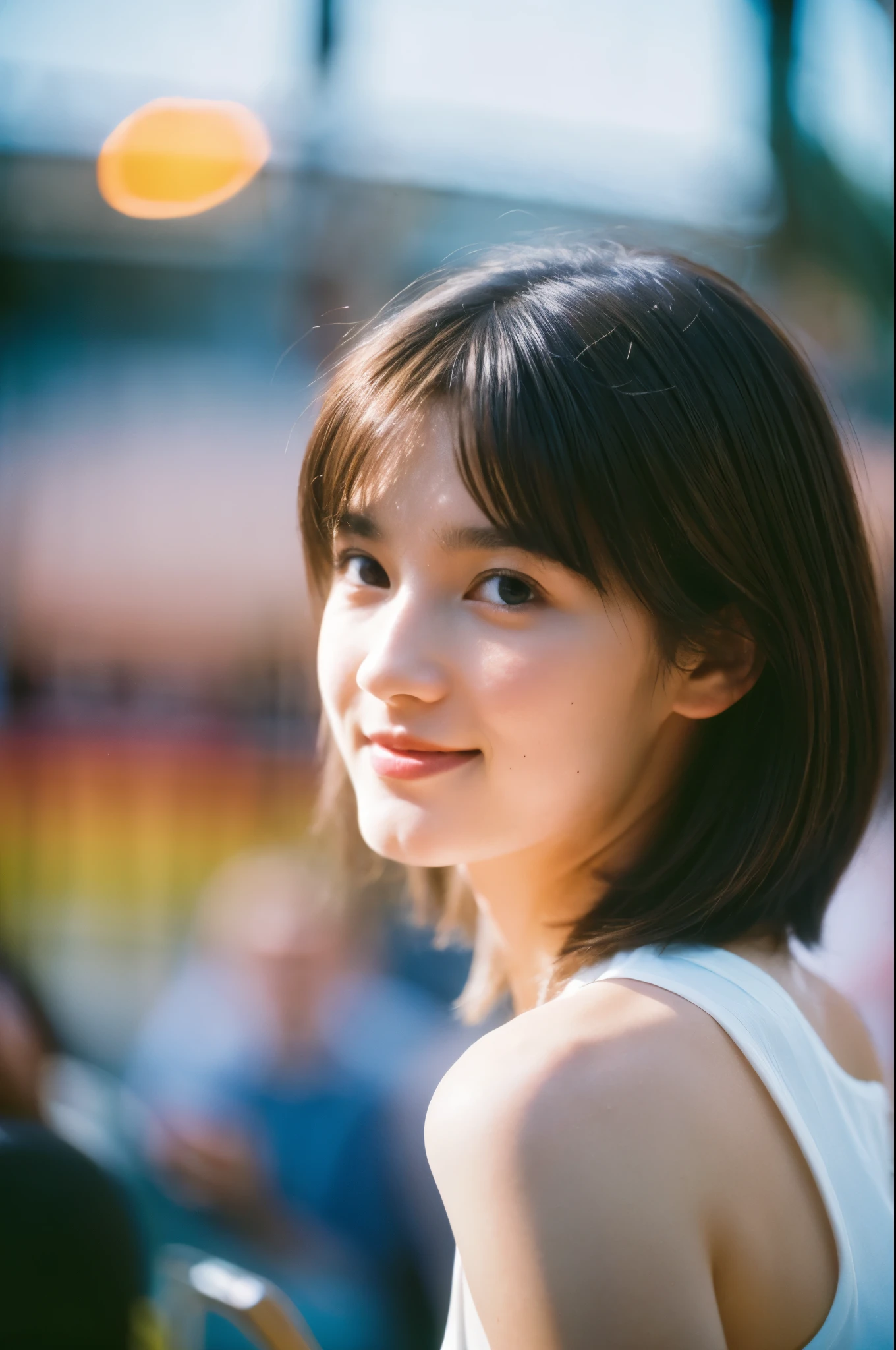 ((masterpiece)),((Best quality)),(Photo Realism:1.4),8k,RAW photos,Absurd details,lifelike,Bokeh,Depth of Field,(Blurred foreground:1.3),Deep Shadows,Negative Space,Minimalism,Film Grain,Ultra-high resolution,HD,8k,Photo Realism,illusory,Lighting shooting,Horror Photography,professional photography photo,nothingness,Lambrandt Lighting,Dream filter,1 Girl,Brown hair(Pale skin:1.3),silence,Quiet,Smile,s eyes,(Looking at the audience:1.3),4k, 35mm film,(Long legs:1.4),