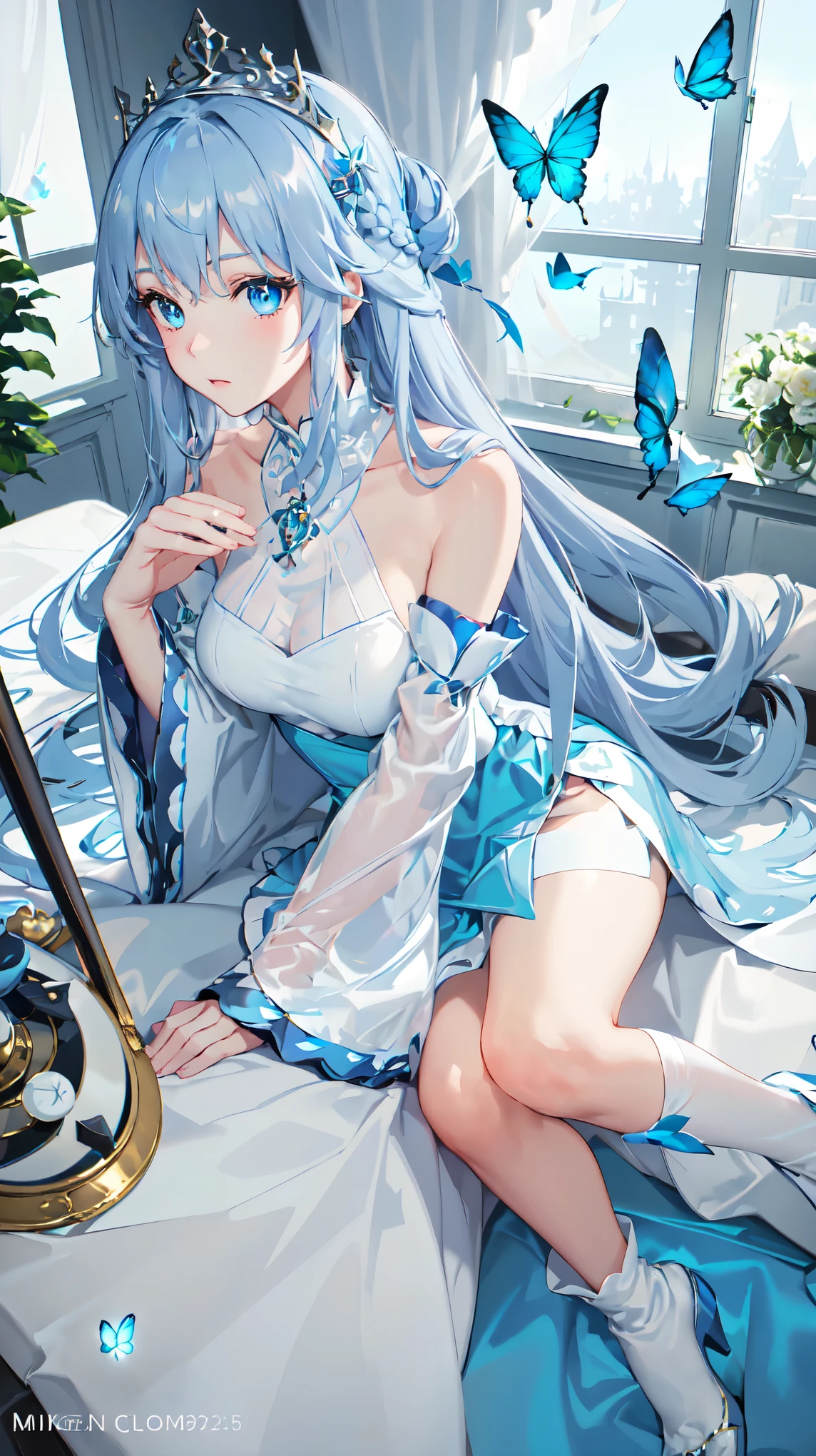 (Overlooking),dynamic angle,Super meticulous,illustratio,closeup cleavage,Looking directly at,1girll,(fanciful:1.4),(Blue eyes:1.233),Her eyes shone like dreamy stars,(glowing light eyes:1.233) ,(美丽细致的眼睛:1.1),(silber hair:1.14),(messy  hair,Very long hair,french braid,Hair between both eyes,Lateral hair),(+(Blue hair flowers:1.14)) ，choker necklace,(miko thighhighs),high heels boots,(face expressionless,Keep one's mouth shut),(standing on your feet), (Classical princess boudoir with dressing table, Floor-to-ceiling windows, white ancient palace),(flor branca,full bloom),(abyssal),(flowingwater),(Dark Blue World Tree:1.14),(废墟),(natta:1.2 ),Dreamy,soul,(Fluorescence),(Flying translucent blue butterfly:1.15),[[Delicate fingers and hands:0.55]::0.85],(Finger details),(yubao:0.5),with no underpants，Vacuum exposure，squating，spread their legs ，Masturbation，with no underpants，Revelation，legs separated， Scratches， Vaginal opening， Revelation ，Vaginal opening， legs separated，Scratches，with no underpants，Revelation，The vaginal opening is exposed，Vaginal opening valgus，Scratches，Masturbation，masturbated，Incontinence，Lactation，，Pumping，Lick the vaginal opening，