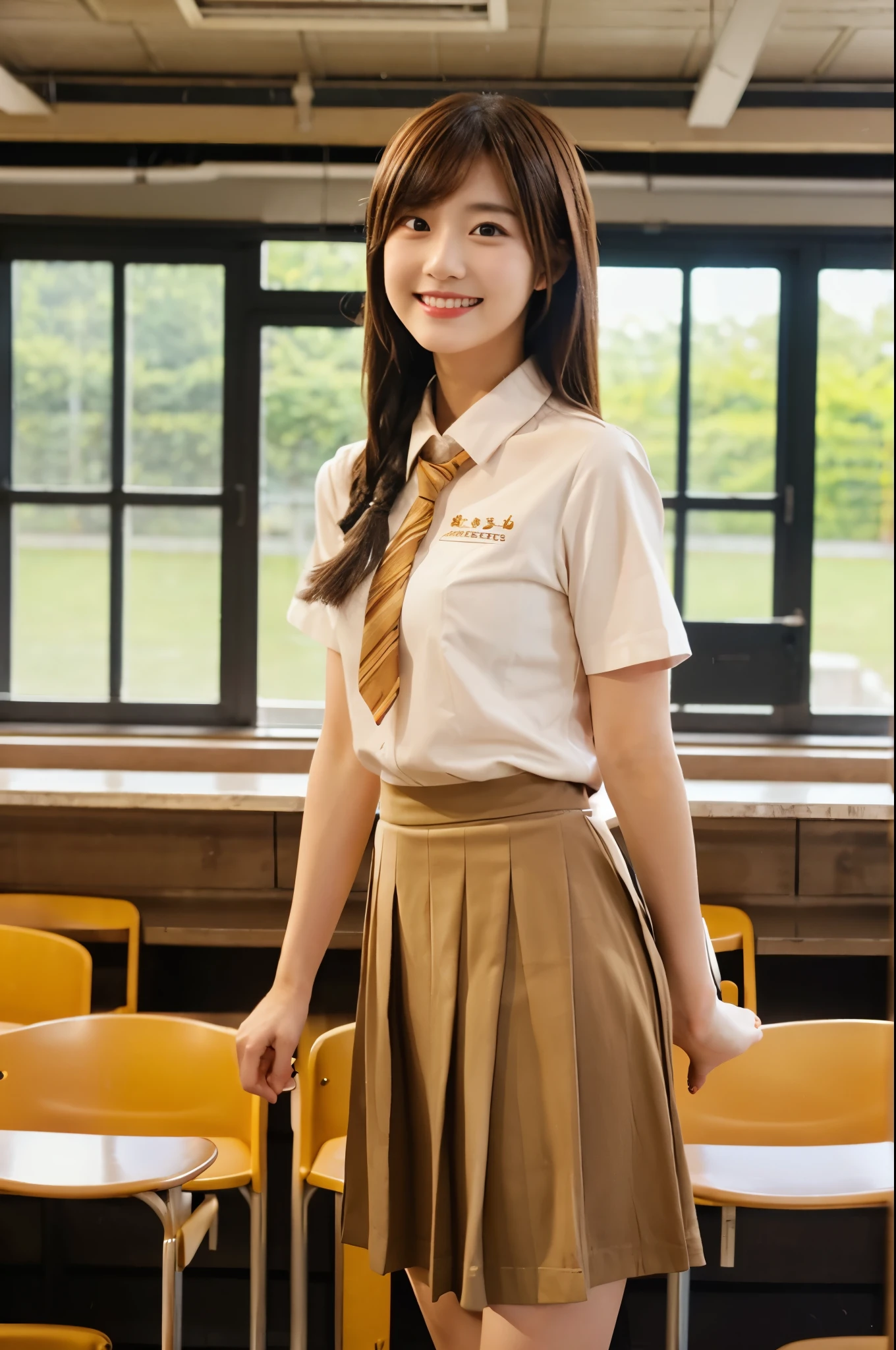 girl,single,Long hair,Looking at the audience,skirt,Brown hair,shirt,Brown eyes,Standing,白shirt,Short sleeve,Pleated Skirt,indoor,cosplay,window,Chair,realism,classroom,Smiling,Lovely,beautiful