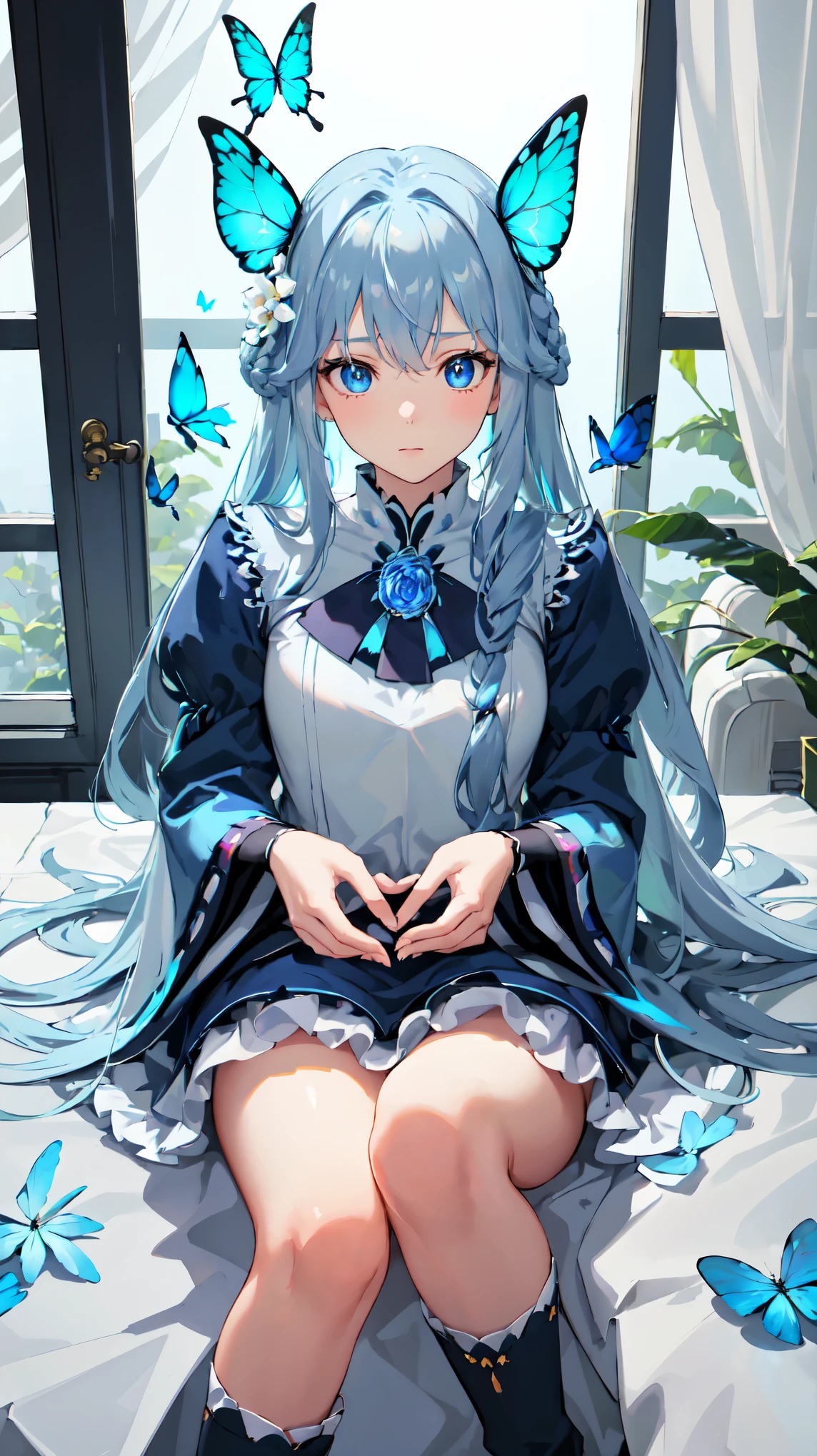 (Top view),Dynamic angle,Extremely detailed, illustration, close up, straight on, 1 Girl, (fantasy:1.4), (Blue eyes:1.233),Her eyes shone like Dreamy stars,(Glowing eyes:1.233),(Beautiful and delicate eyes:1.1),(Silver Hair:1.14),(messy hair,Very long hair,French Braid,Hair between the eyes,Side lock), (+(Blue hair flowers:1.14)),(Chiffon Dress,Blue flower pattern)/=(Uniform:1.24),(Separate sleeves,Wide sleeves),(Fingerless gloves),Necklace,(miko knee-high socks),high-heel boots,(Poker face,Shut up),(permanent), (Classical princess boudoir with dressing table and French windows in a white old palace),(White flowers,bloom),(deep sea),(flowing water),(a dull blue world tree:1.14),(ruins),(night:1.2),Dreamy,soul,(Fluorescence),(Flying translucent blue butterfly:1.15), [[Slender fingers and hands:0.55]::0.85],(Detail fingers),(yubao:0.5),