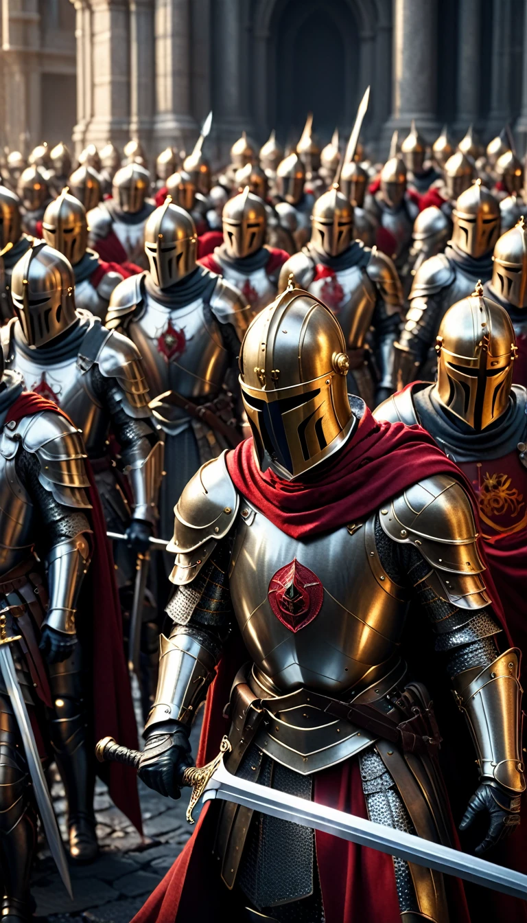 a group of knights donned in full armor and adorned with striking red capes finds themselves in the midst of a dramatic battle. Armed with powerful maschinengewehr weapons, these valiant templars face off against a horde of possessed politicians, locked in a fierce struggle for supremacy and control,
digital UHD (k) image, cinematic film still dramatic side lighting, dramatic intense stare closeup portrait,  hdr,  shallow depth of field, vignette, highly detailed, high budget Hollywood film, cinemascope, moody, epic, gorgeous
, Highly detailed and clean, Photorealistic and cinematic masterpiece, professional photography, realistic, realism, 200k , Raytracing and light effect , gold magic, gold efect, digital, perfect composition, beautiful detailed intricate insanely detailed octane render trending on artstation, 8 k artistic photography, photorealistic concept art, soft natural volumetric cinematic perfect light, award - winning photograph, masterpiece, raphael, caravaggio, greg rutkowski, beeple, beksinski, giger