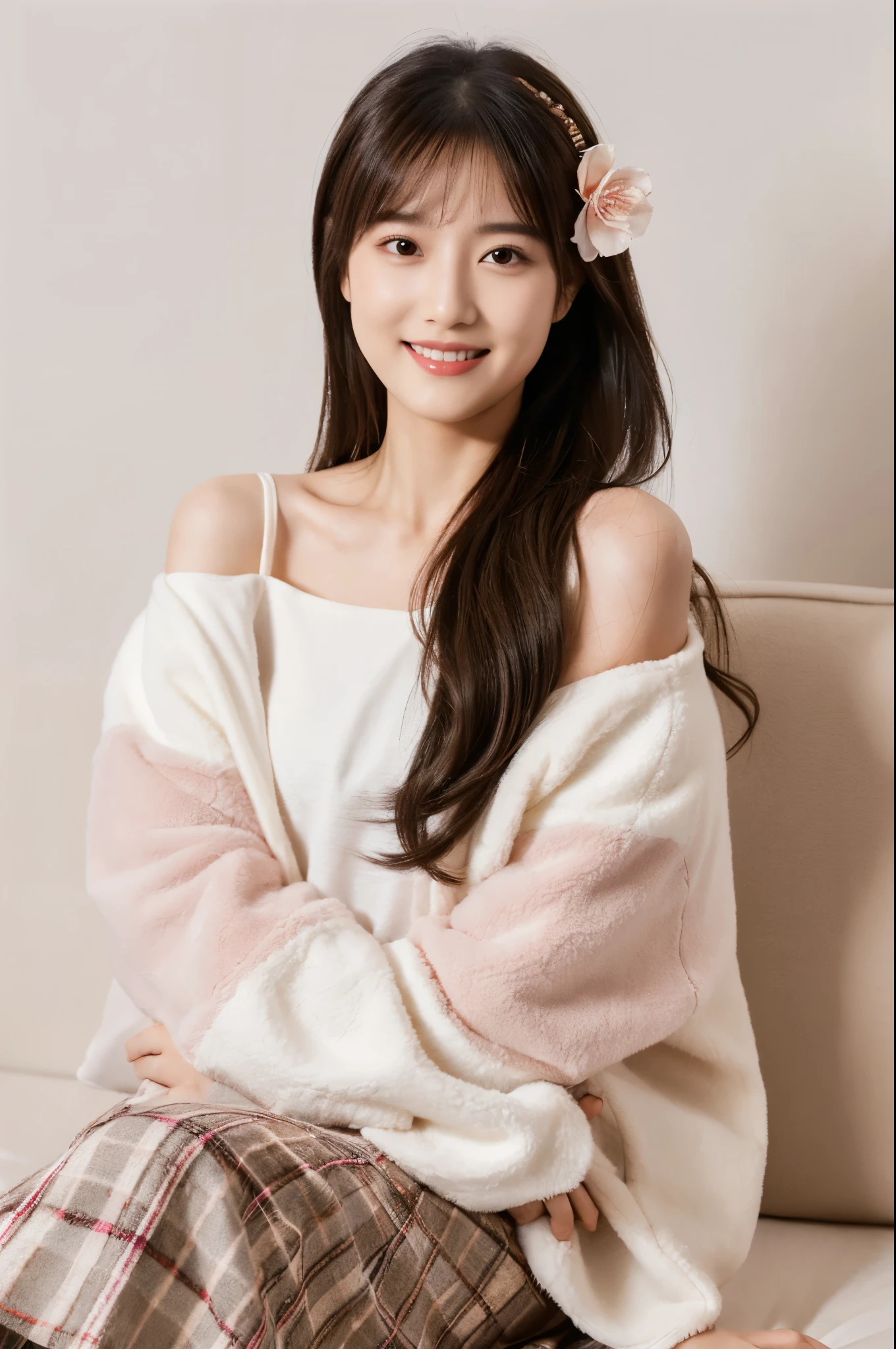 ((masterpiece, Top image quality, high resolution、solitary、radiant skin))girl,animal,Bangs,Off-shoulder,Black shoes,Black Leg,黑skirt,Vague,Vague前景,Blush,Chest,Shut up,clavicle,Depth of field of view,Eyebrows through hair,Hair between the eyes,Hair accessories,Headband,High heels,jacket,Long hair,Long sleeve,Viewers,Mid-chest,Off-shoulder,One side up,Pantyhose,Pillow,Pink Hair,Plaid,Plaid裙,Ribbon,shirt,shoe,Sitting,skirt,Smile,Solo flight,毛绒animal,Plush cat,Plush Toys,Teddy Bear,Longhair,Variza,White background,白色jacket,白色shirt,大的Chest,Smile的