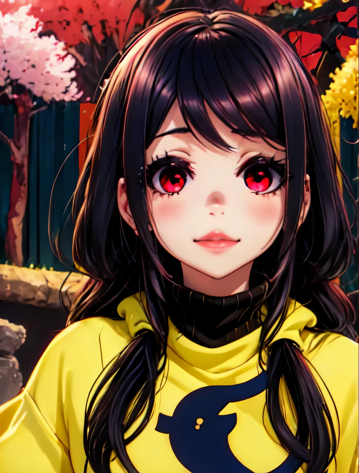 ((junkotvv))mejor calidad, obra maestra, high resolution, detallado, obra de arte digital, EikoHozuki, Pelo negro, yandere, sonrisa malvada, horror \(tema\), yellow sweater, turtleneck, al aire libre, (sosteniendo el cuchillo), ojos rojo oscuros, oscuridad, aura oscura, ((empty eyes)), (guantes rosas),