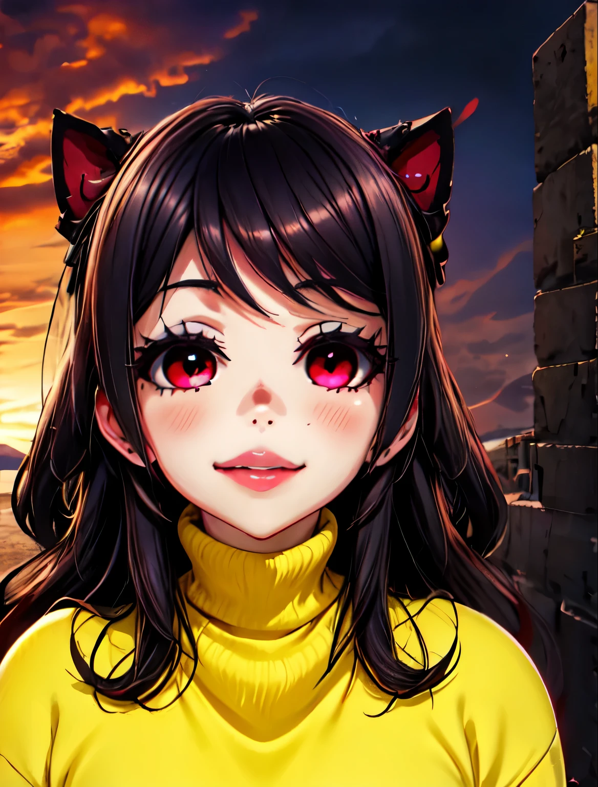 ((junkotvv))mejor calidad, obra maestra, high resolution, detallado, obra de arte digital, EikoHozuki, Pelo negro, yandere, sonrisa malvada, horror \(tema\), yellow sweater, turtleneck, al aire libre, (sosteniendo el cuchillo), ojos rojo oscuros, oscuridad, aura oscura, ((empty eyes)), (guantes rosas),