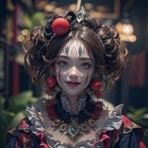 Hiding in the tomb、Hair flow、 ((highest quality、masterpiece、8k、Best image quality、Ultra-high resolution、Award-winning works)、(Accurate anatomy:1.1)、(Look at me and smile:1.1)、Shining fair skin with Ultra-high resolution、The most detailed face、Ultra-high resolution detailed face、Ultra-high resolutionの髪の毛、(Ultra-high resolutionの煌めく瞳:1.1)、Beautiful face drawn in every detail、Cheerful clown costume, Chest to chest, tattoo,Strange atmosphere, Ghosts flow, Dark color makeup 