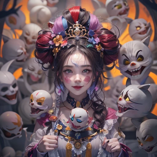 Hiding in the tomb、Hair flow、 ((highest quality、masterpiece、8k、Best image quality、Ultra-high resolution、Award-winning works)、(Accurate anatomy:1.1)、(Look at me and smile:1.1)、Shining fair skin with Ultra-high resolution、The most detailed face、Ultra-high resolution detailed face、Ultra-high resolutionの髪の毛、(Ultra-high resolutionの煌めく瞳:1.1)、Beautiful face drawn in every detail、Cheerful clown costume, Chest to chest, tattoo,Strange atmosphere, Ghosts flow, Dark color makeup