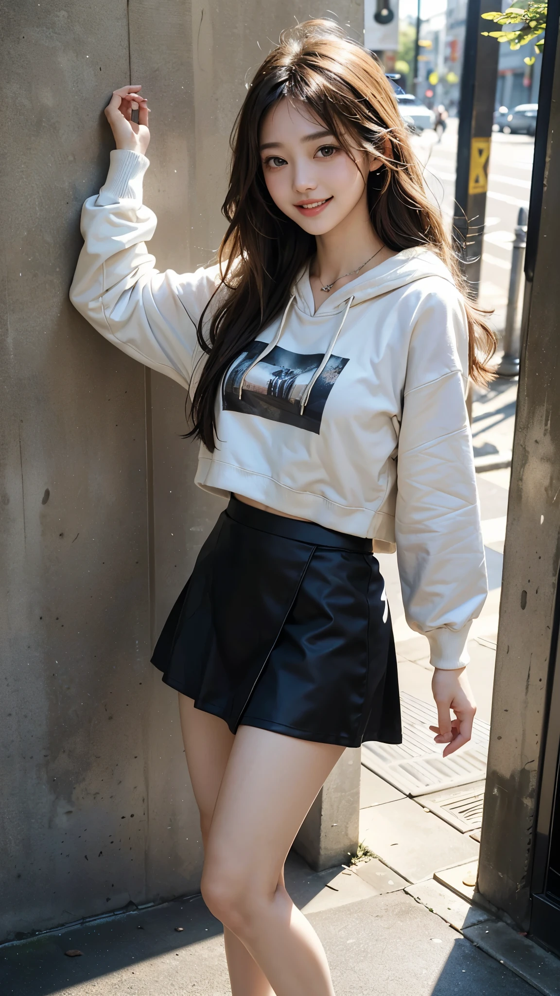 (highest quality、8k、32k、masterpiece、Hmph:1.45)、Cute Japanese Women Photos、Soft looking breasts、No bra、Ample breasts,((Shibuya))、((Street Fashion)),((Thick-soled Converse sneakers)),((neweracap))((Zip hoodie and mini skirt))、Face Focus、White T-shirt、necklace、From above、Looking at the audience、((I'm showing my teeth and smiling))、Dynamic Shadows、blonde、Wet shiny hair、Shine, Watery eye、